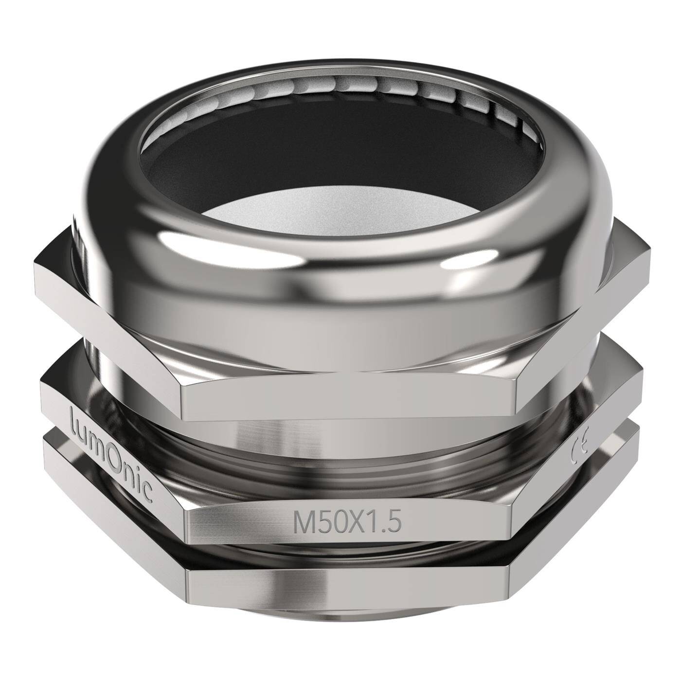 Metal cable gland M50, Clamping range 32-38mm, IP68, with locknut, Nickel-plated brass, EMC, -40...+100°C, corresponds to PG36