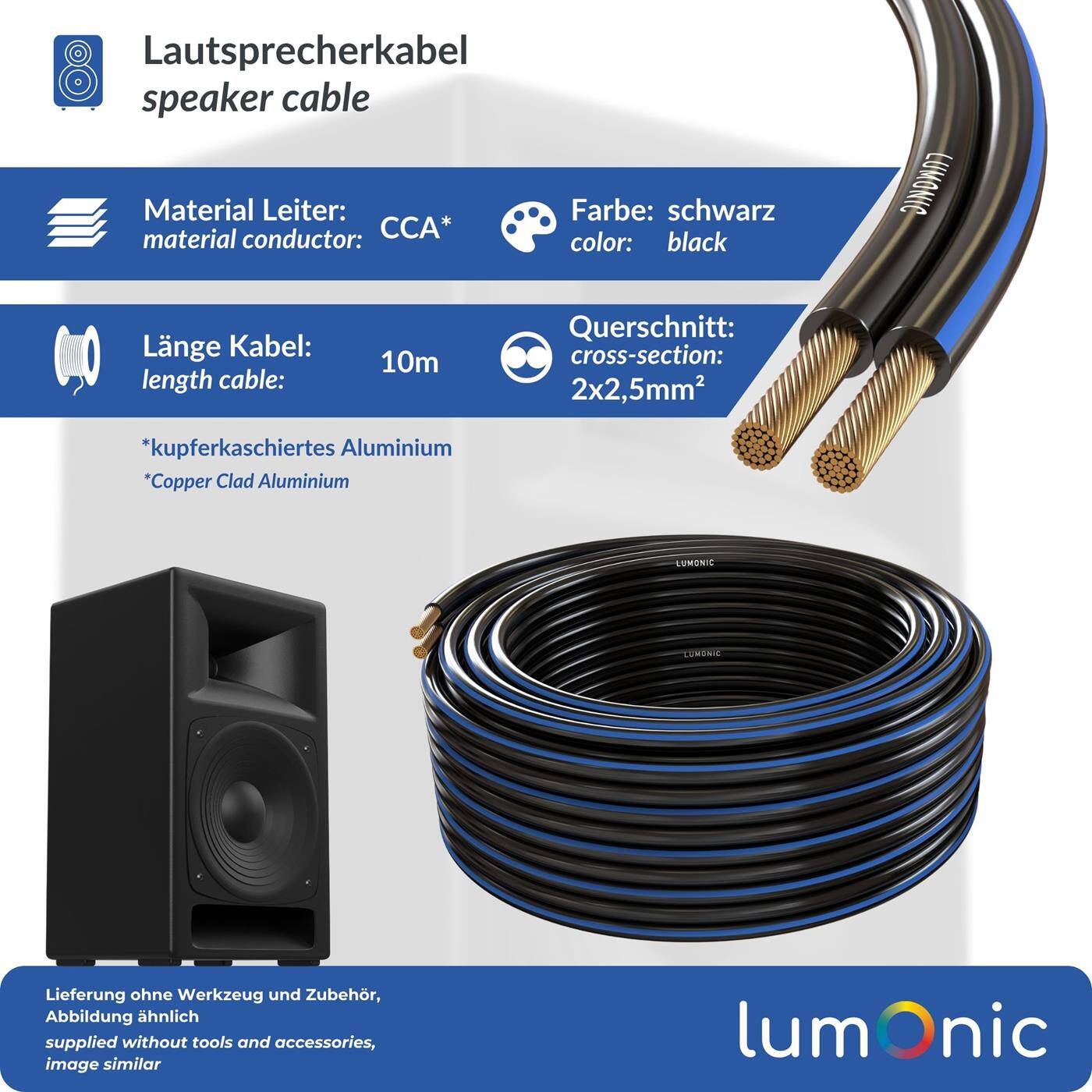 Lumonic Speaker cables | 10m Black | 2x 2,5mm² CCA | Blue marking HiFi speaker cable | Audio twin line