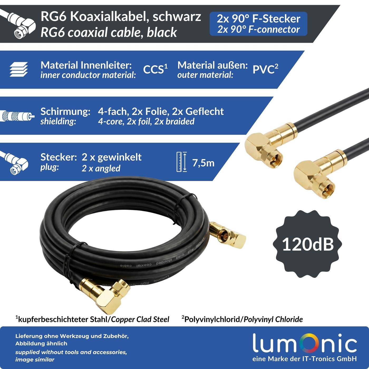 Lumonic 7,5m Antennenkabel RG6 | 2x vergoldete F-Stecker 90 ° gewinkelt | schwarz | 4-fach geschirmt 120dB | fertig konfektioniert | Koaxialkabel, Sat Kabel, DVB-T2, Kabelinternet