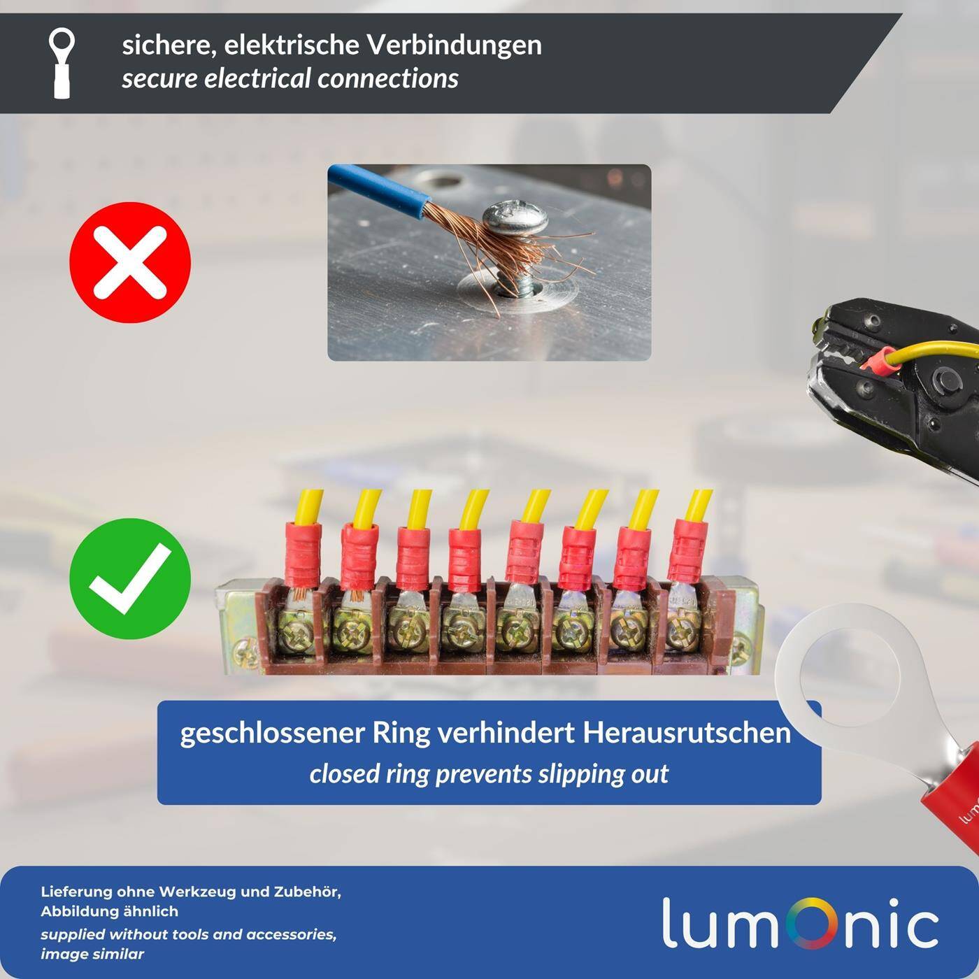 Lumonic 25x Ring cable lug 1,5-2,5mm² Partially insulated | M3 | Tinned copper | Secure cable connection without soldering | Set, crimp cable lug, crimp connector, eyelet | Motor vehicle, mechanical engineering, motorhome, battery