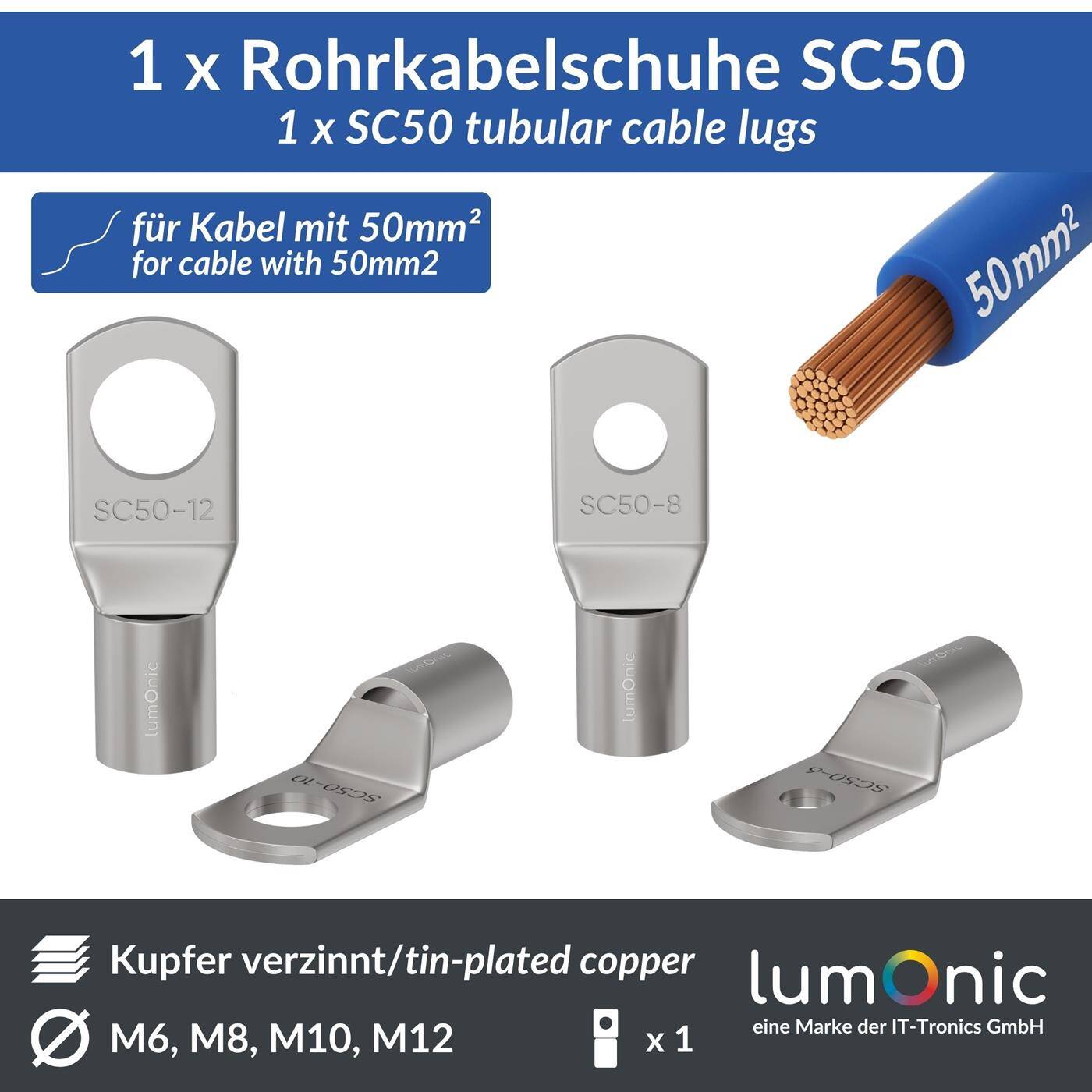Lumonic 1x Rohrkabelschuh 50mm² blank | M6 | Kupfer verzinnt | Kabelverbindung ohne Löten | SC50-6, Crimp-Kabelschuh, Quetschverbinder | KFZ, Maschinenbau, Wohnmobil, Batterie