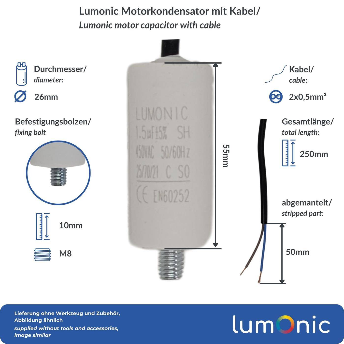 Lumonic Anlaufkondensator 1,5µF 450V | mit Kabel I 26x55mm I 1,5uF I Motorkondensator mit Kunststoffgehäuse I Betriebskondensator I für Pumpen, Rasenmäher, Werkzeuge