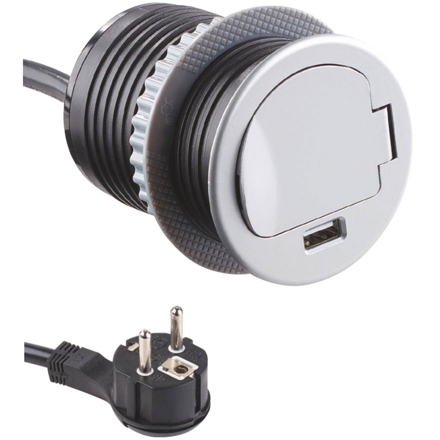SingleBox Protective contact Socket outlet + USB 2,4A Table socket outlet Drill hole 68mm Aluminium