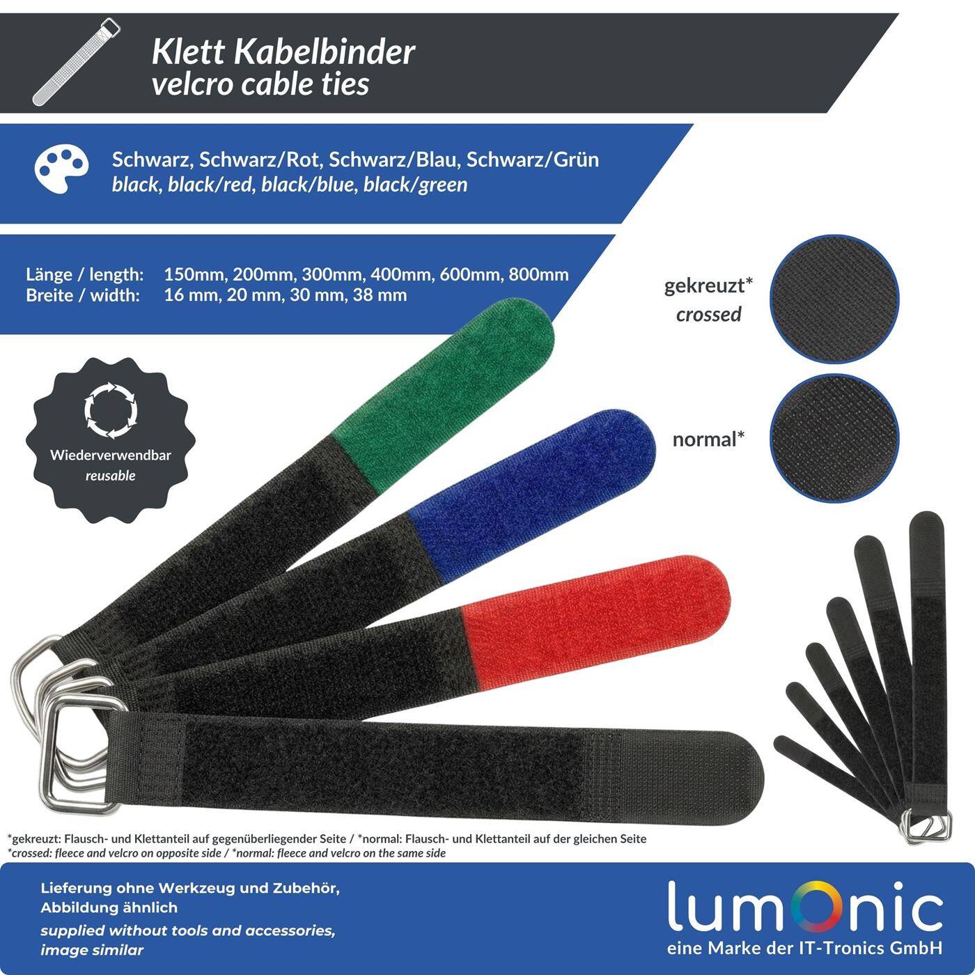 10x Hook + Loop Cable tie 200 x 20mm Black normal  Hook + Loop fastener