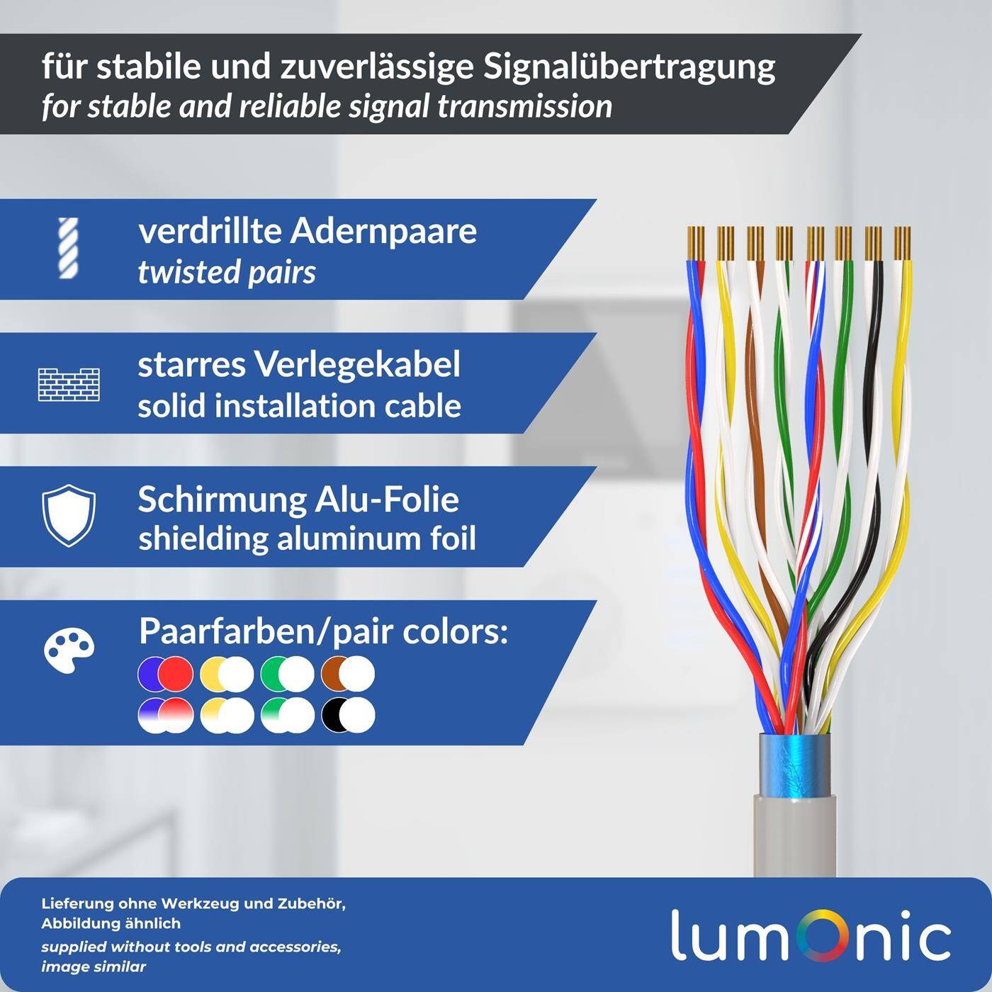 Lumonic Telefonkabel JYSTY grau | 8x2x0,6mm CCA | 50m | farbcodiert & geschirmt | Metermarkierung | Fernmeldekabel, Telefonanschlusskabel