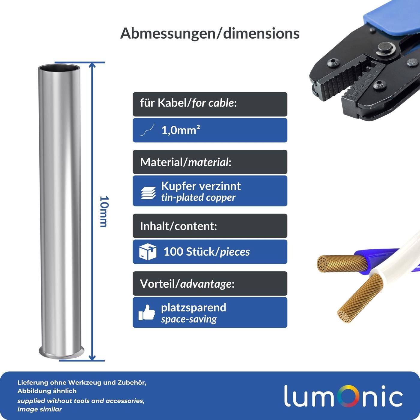 Lumonic 100 x 1mm² Aderendhülsen blank unisoliert I Die Länge beträgt 10mm I Verzinnt zum Schutz gegen Korrosion | Klemmhülsen, Kabelhülsen, Kabelendhülsen, Adernhülse