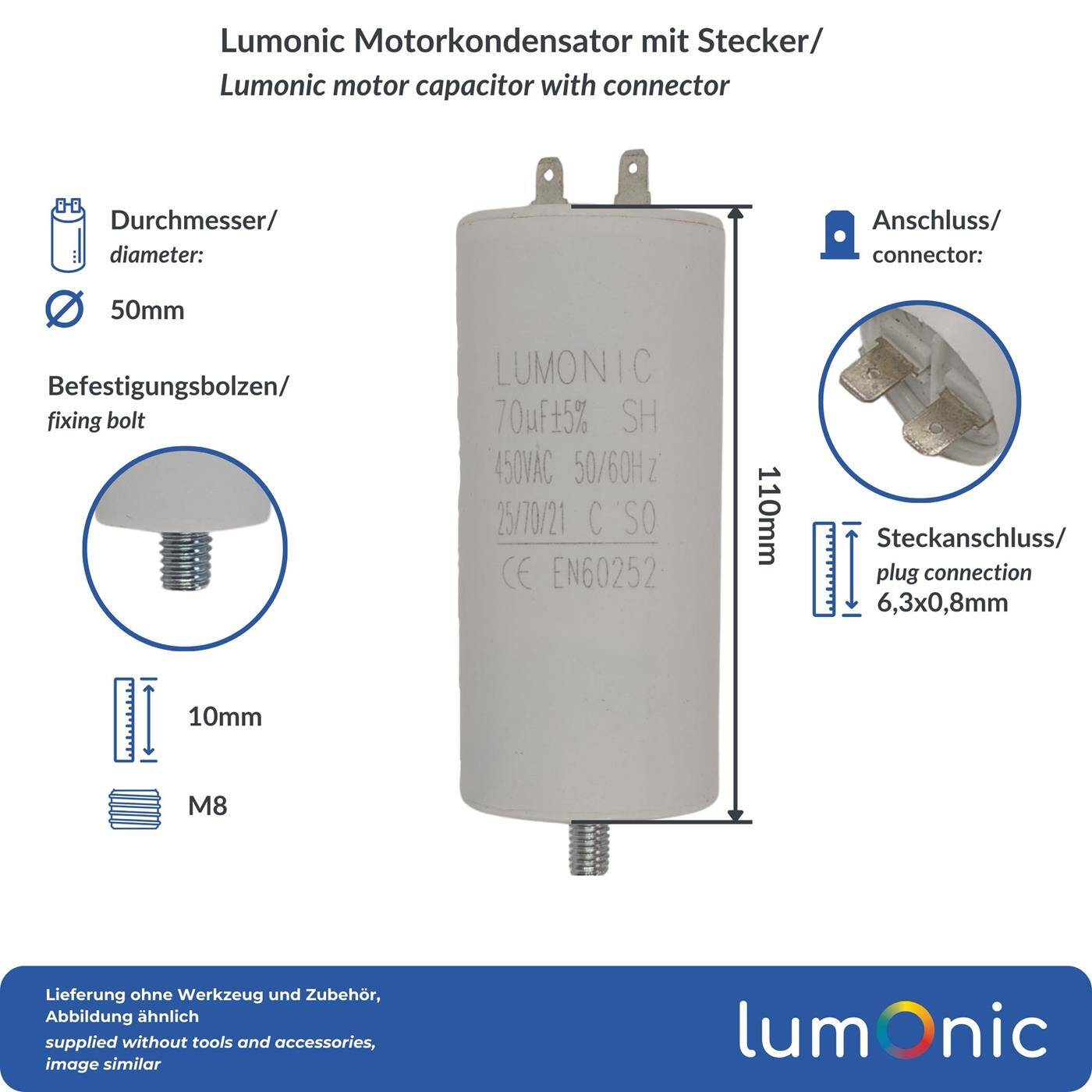 Lumonic Anlaufkondensator 70µF 450V | mit Stecker I 50x110mm I 70uF I Motorkondensator mit Kunststoffgehäuse I Betriebskondensator I für Pumpen, Rasenmäher, Werkzeuge