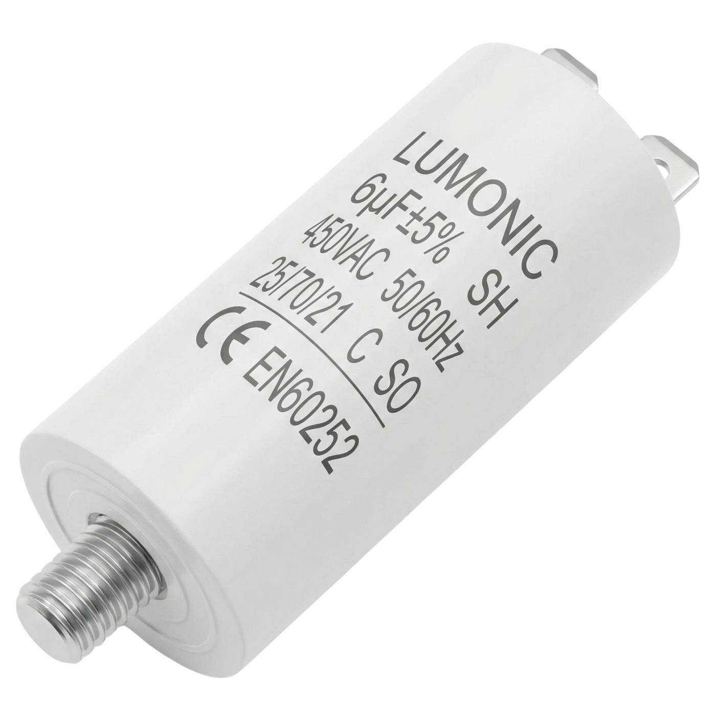 Lumonic Anlaufkondensator 6µF 450V | mit Stecker I 26x55mm I 6uF I Motorkondensator mit Kunststoffgehäuse I Betriebskondensator I für Pumpen, Rasenmäher, Werkzeuge
