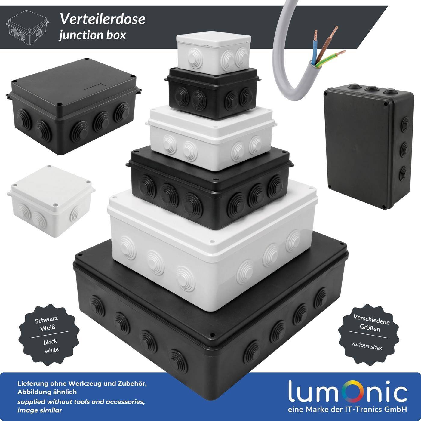 Lumonic Verteilerdose weiß 85x85x50mm mit 7 Öffnungen I Abzweigdose Aufputz - IP55 I Verbindungsdose, Klemmdose, Abzweigkasten für Innen & Außen