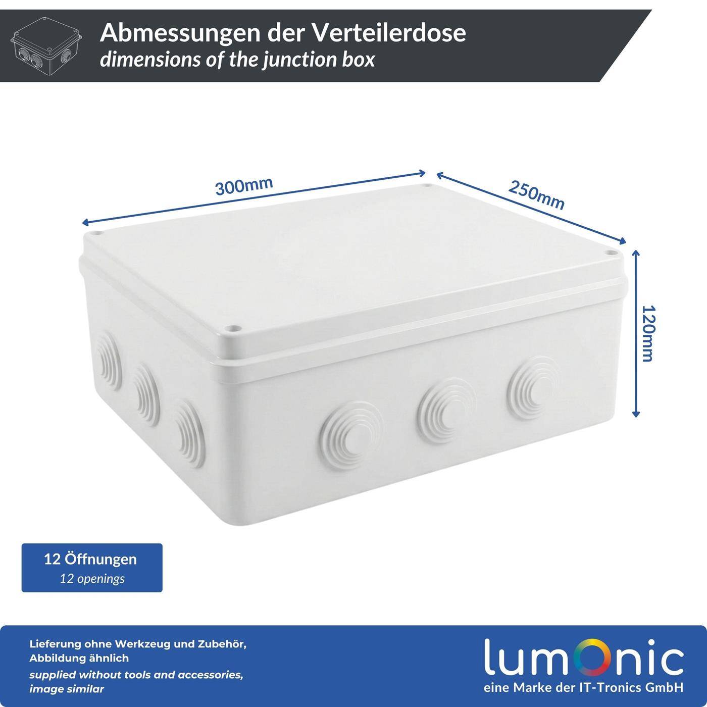 Lumonic Verteilerdose Aufputz IP65 Weiß | extra groß, 300x250x120mm, 12 Kabeleinführungen | Deckel verschraubt | Hochwertiges PVC | Großer Innenraum für Hutschienen, Klemmblöcke und Aktoren