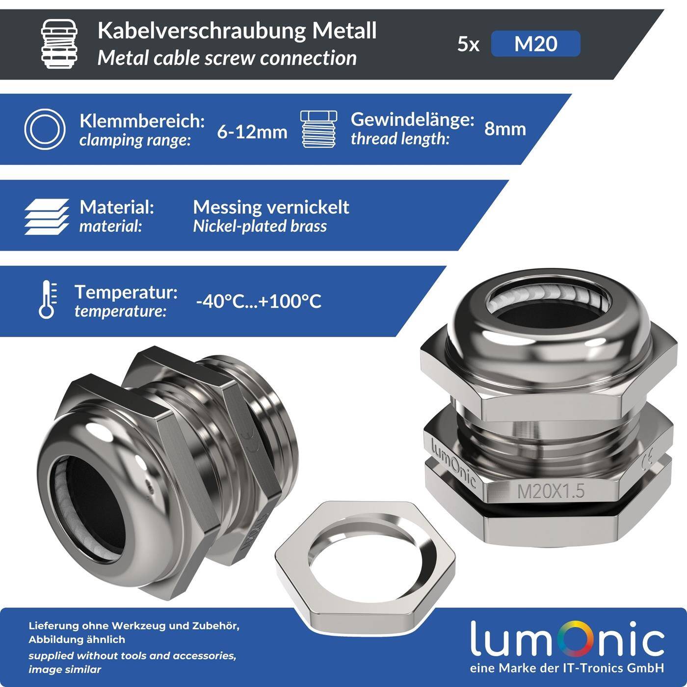 Lumonic Set of 5 metal cable glands M20 | Clamping range 6-12mm | IP68 | with locknut | Nickel-plated brass, EMC | -40...+100°C | corresponds to PG13.5