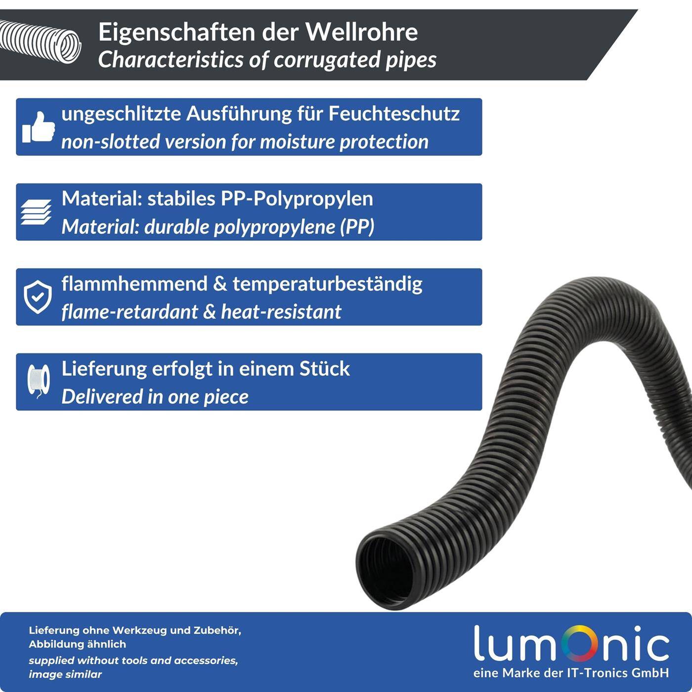 Lumonic 25m Wellrohr ungeschlitzt | Innendurchmesser 22mm | -40…+125°C | flammhemmendes Polypropylen | Leerrohr für Erdverlegung, Solar, Hausverkabelung, KFZ, Schaltschrank