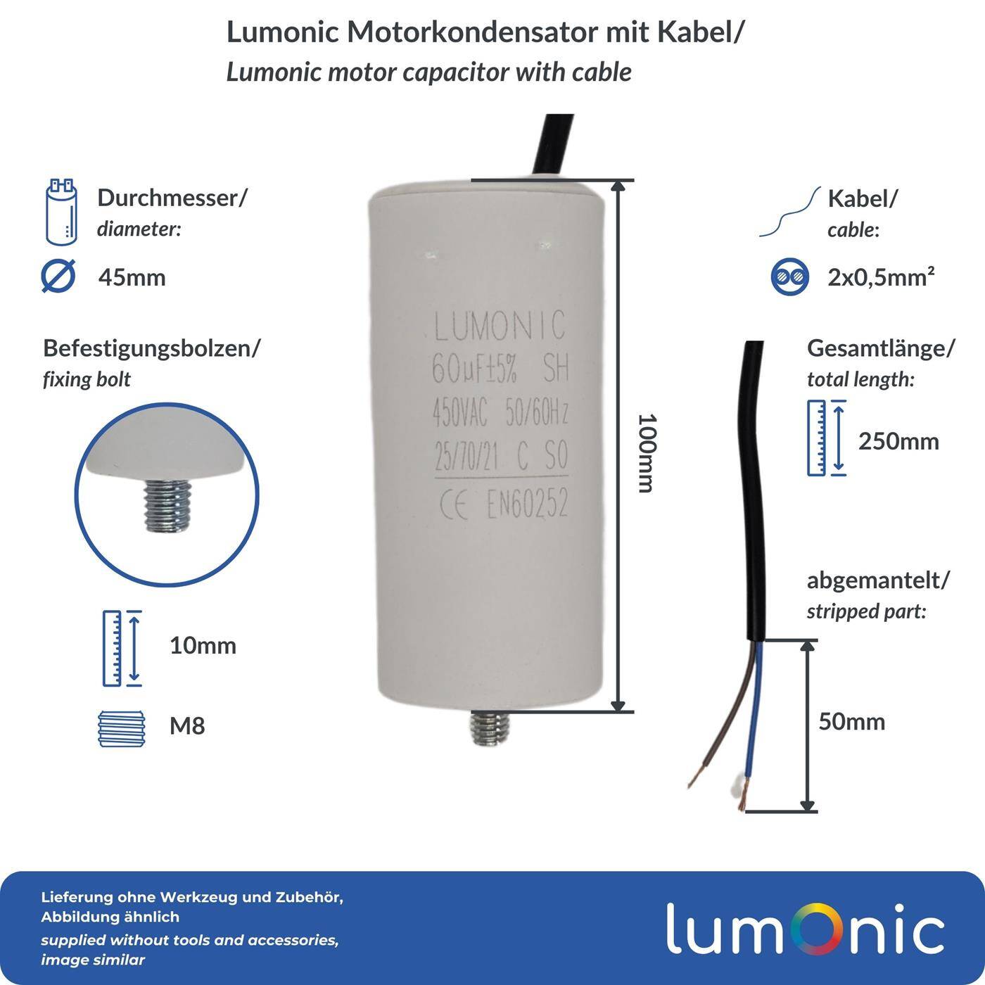 Lumonic Anlaufkondensator 60µF 450V | mit Kabel I 45x100mm I 60uF I Motorkondensator mit Kunststoffgehäuse I Betriebskondensator I für Pumpen, Rasenmäher, Werkzeuge