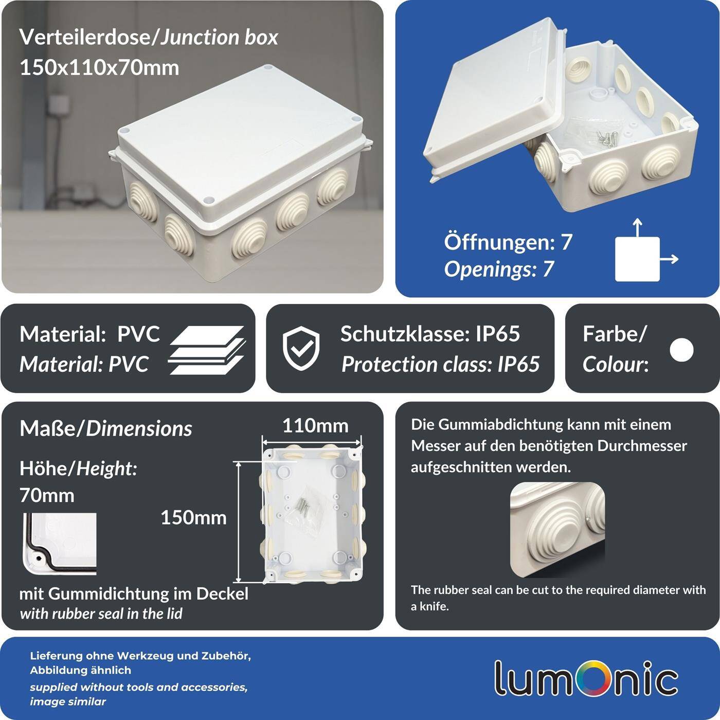 Lumonic Verteilerdose weiß 150x110x70mm mit 10 Öffnungen I Abzweigdose Aufputz - IP65 I Verbindungsdose, Klemmdose, Abzweigkasten für Innen & Außen