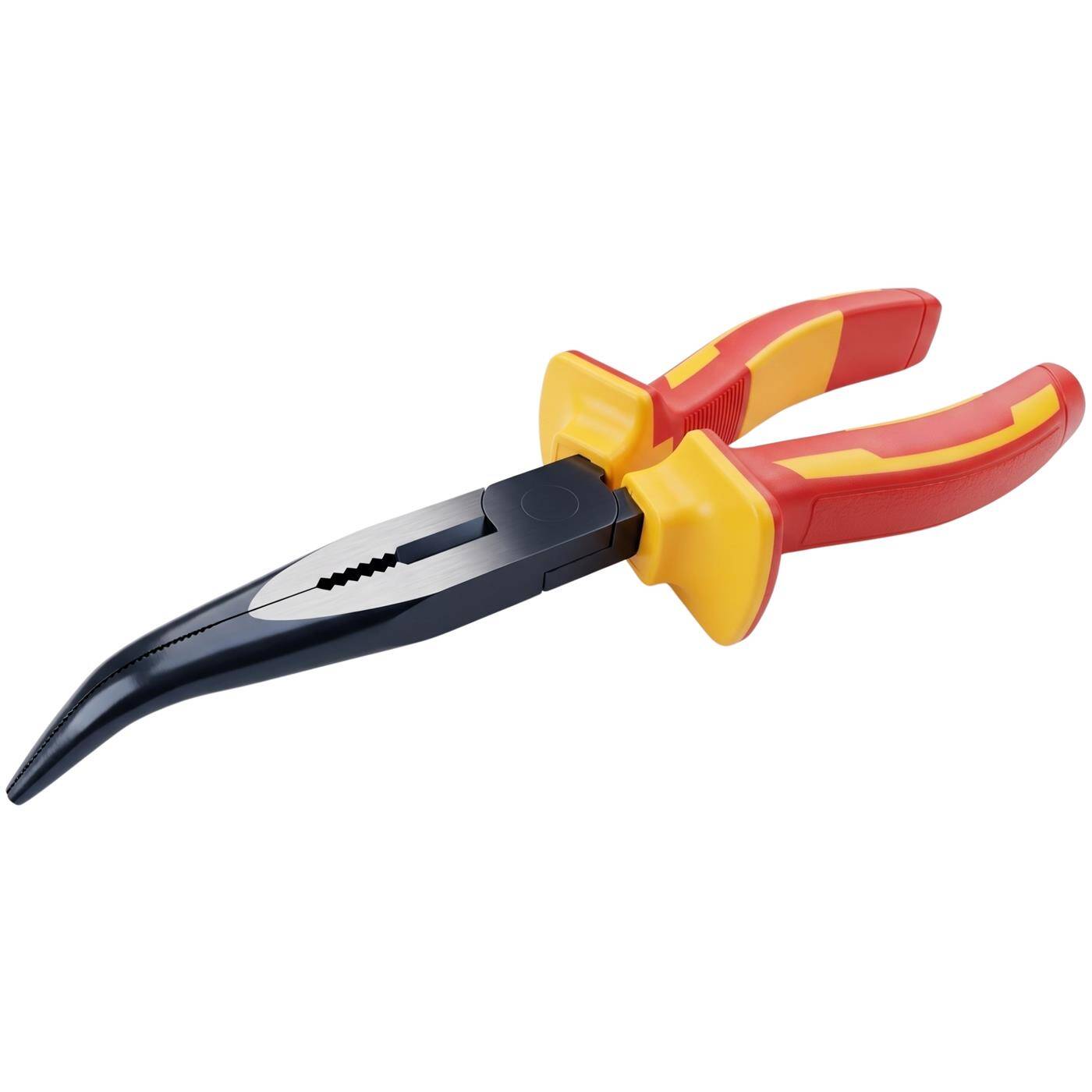 Lumonic VDE Curved Nose Pliers, 1000 V, 200 mm - Angled tips for tight spaces, 60CrV steel, two-component handle, for distribution panels and control cabinets