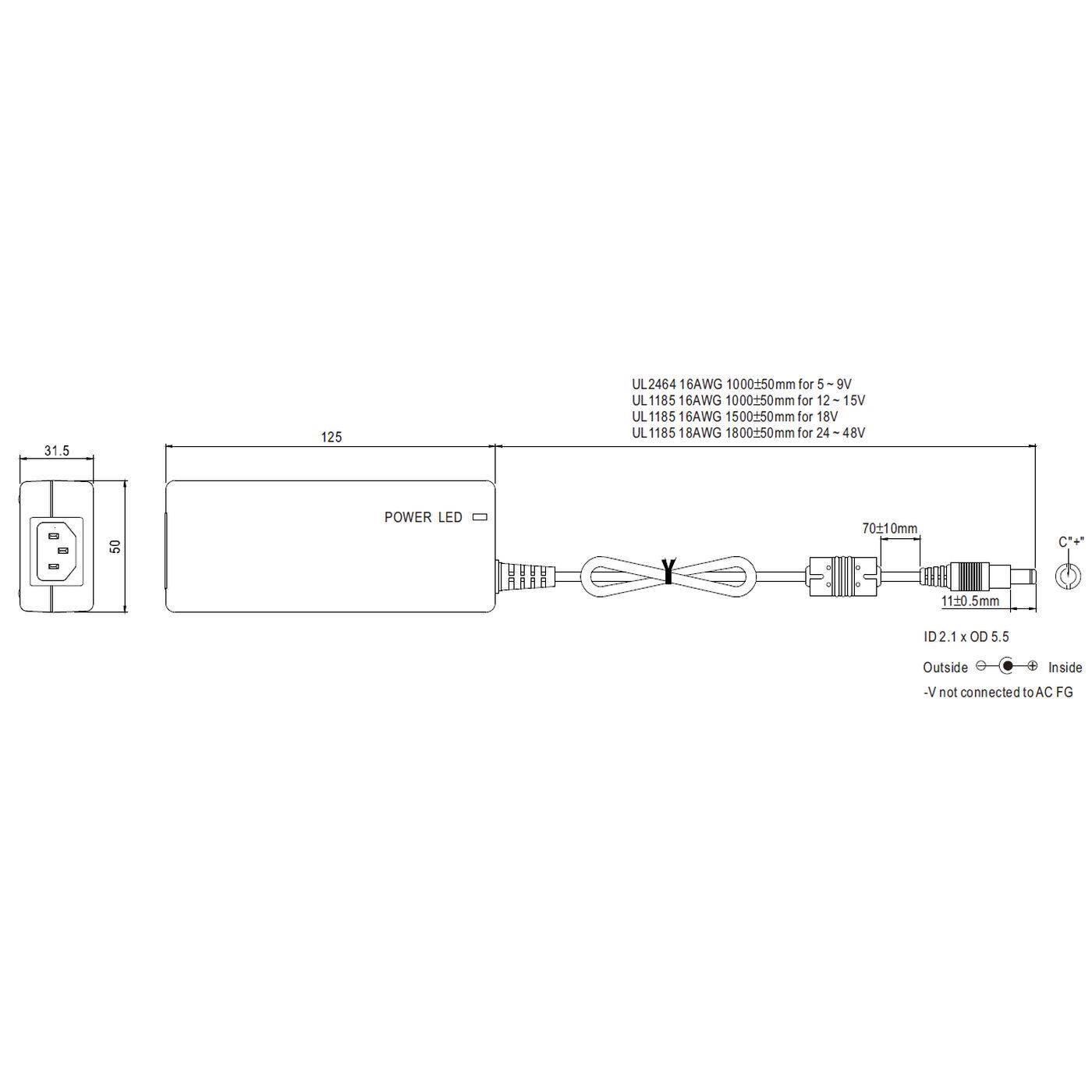 MEAN WELL GST60A24-P1J 60W 24V 2,5A Tischnetzteil Kabel 180cm + DC Stecker (2,1/5,5mm) AC DC Adpater