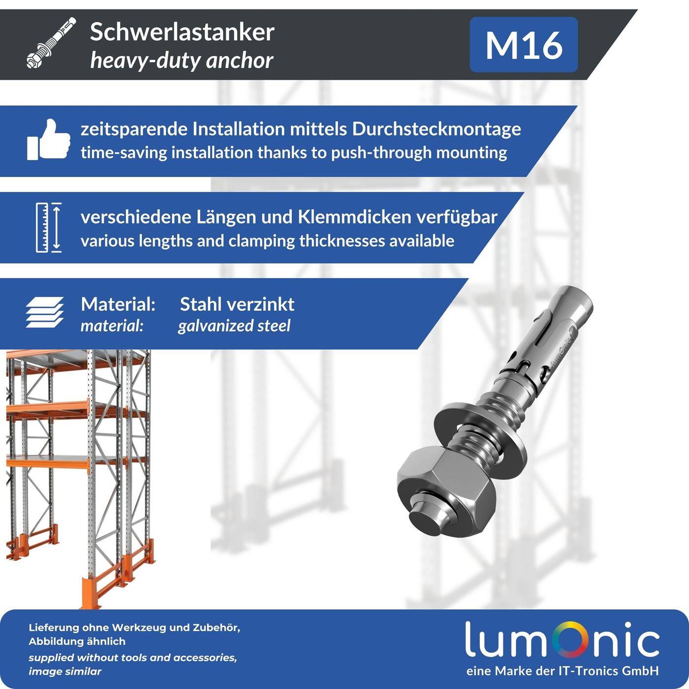 Lumonic Heavy Duty Anchor M16 x 115mm | High-quality galvanized wedge anchors | Push-through mounting, IMMEDIATELY LOADABLE | Concrete anchor, Heavy duty anchor | for canopies, Railing, Shelves, Partition walls