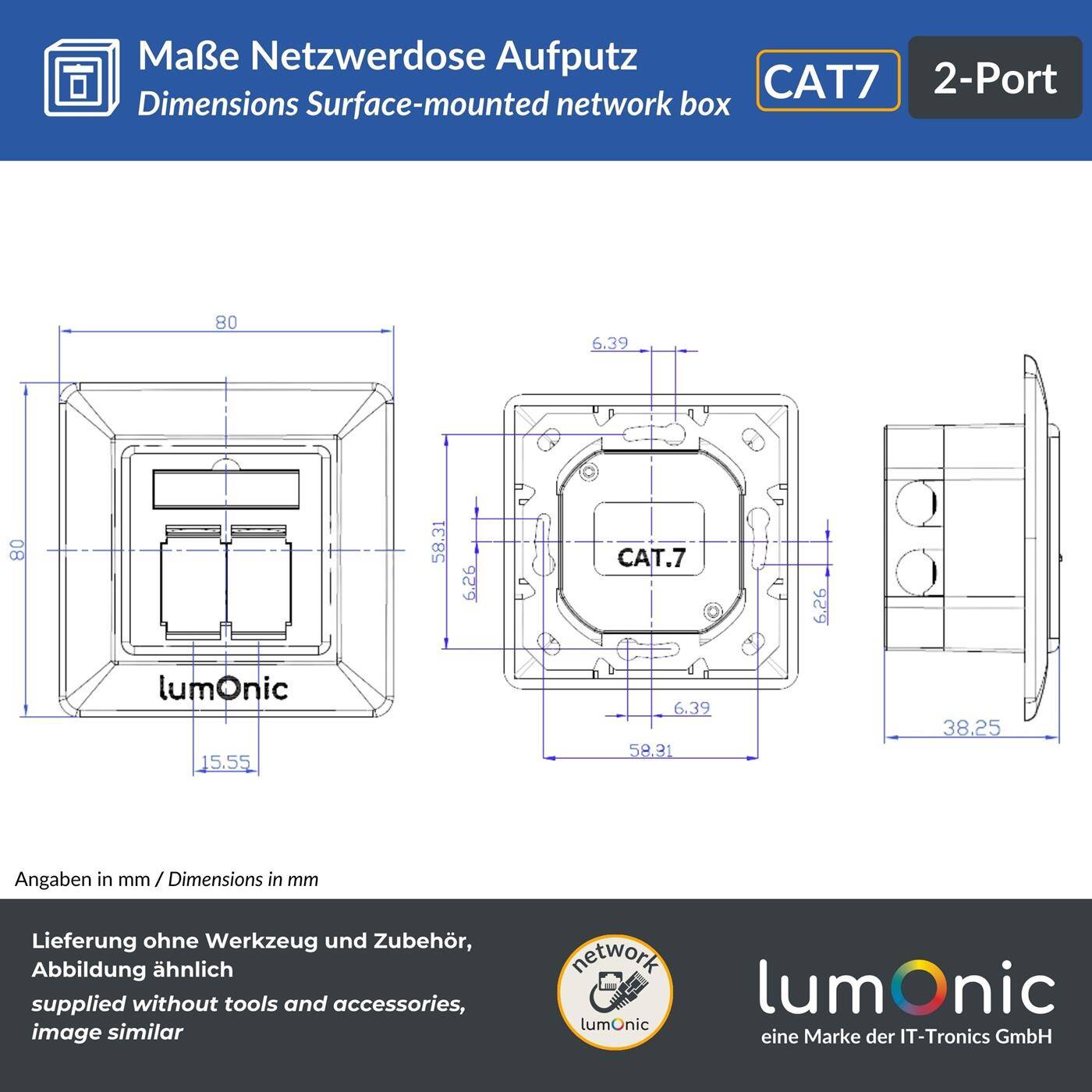 Lumonic Netzwerkdose Aufputz CAT7 | 2-Port RJ45 | ohne Stemmen nachrüsten | LSA-Montage, T568A/B farbcodiert | ABS Gehäuse, weiß | Ethernet-Dose bis zu 10 Gbit/s