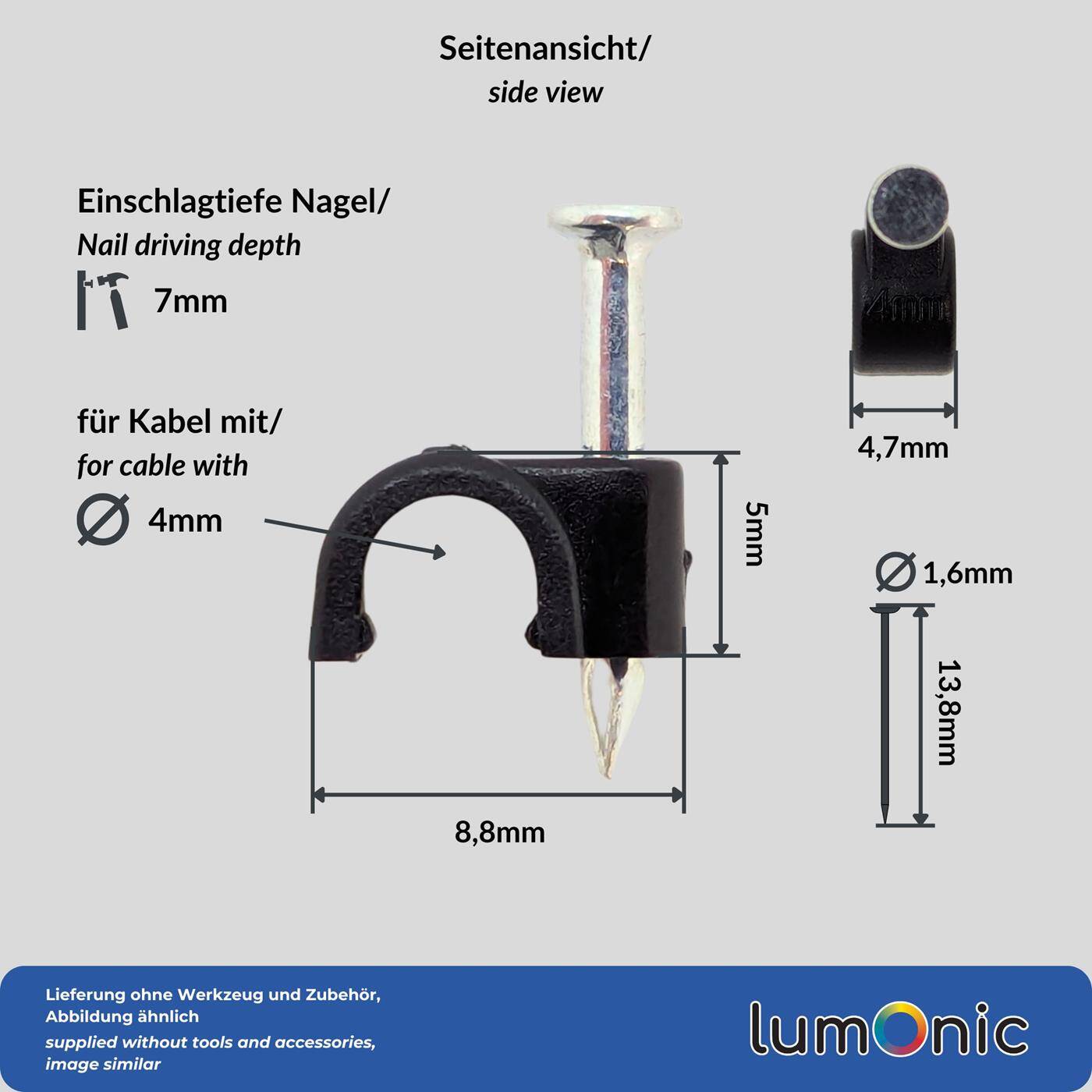 Lumonic 100x Nagelschelle 4mm für Kabel schwarz - Kabelschelle mit 14mm Nagel z.B. zur Befestigung an der Wand - Kabelklemmen verschiedene Größen 4-14mm