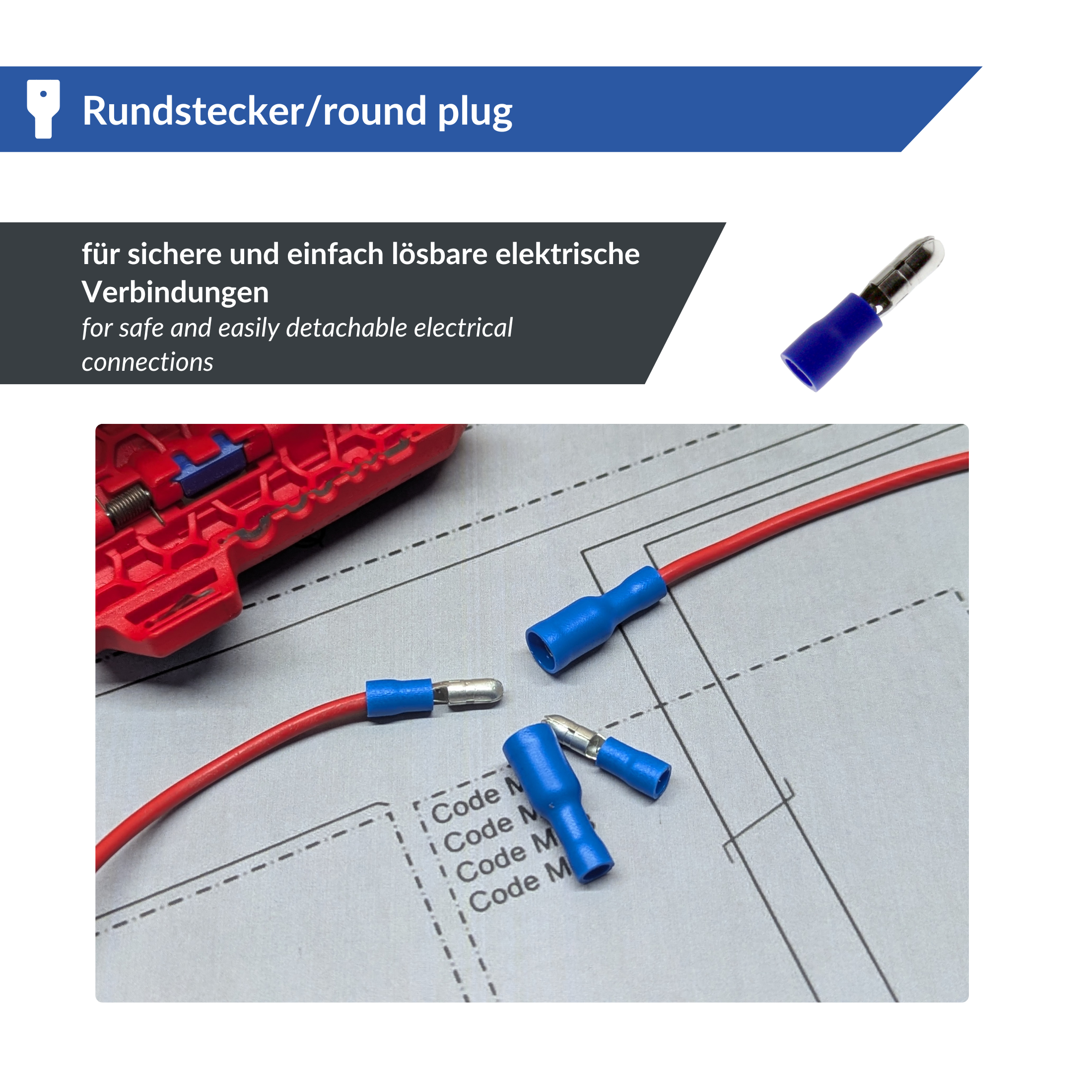 Das Bild zeigt einen blauen, runden Stecker mit einer Metallspitze neben einem passenden Gegenstück. Eine technische Zeichnung ziert den Hintergrund, begleitet von einem deutschen und englischen Text, der „sichere und leicht lösbare elektrische Verbindung