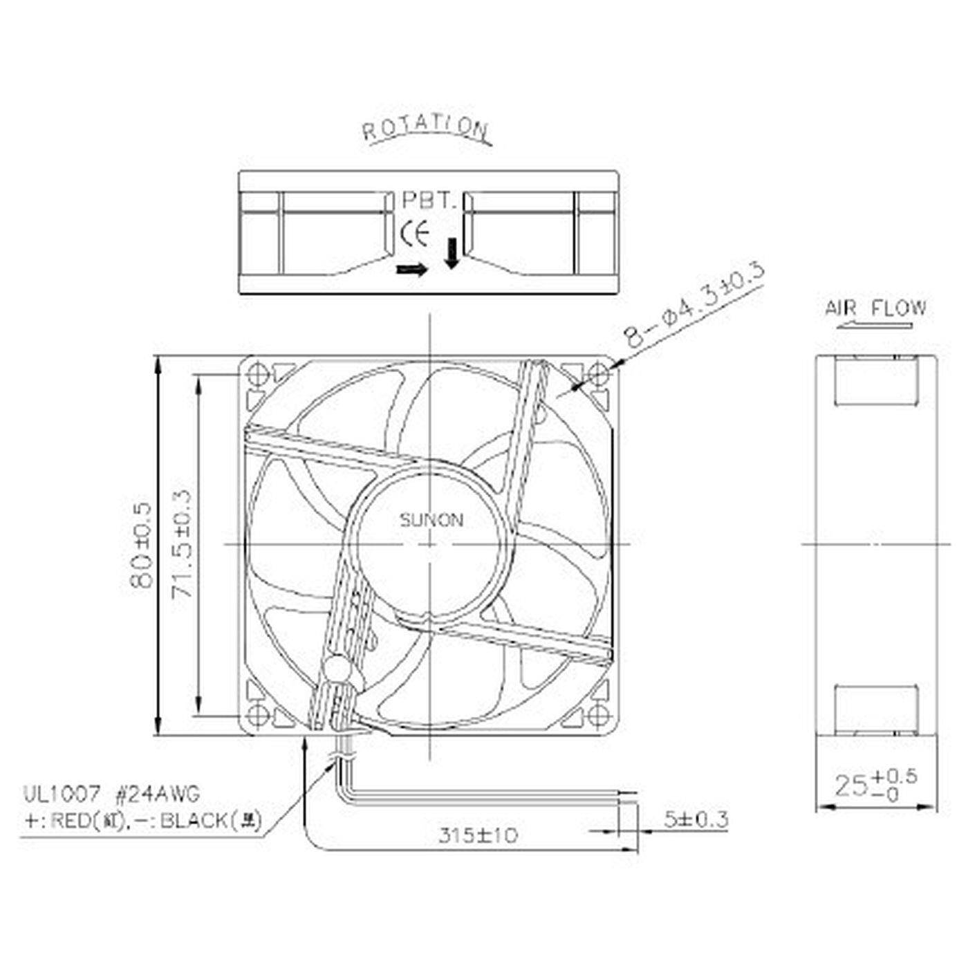 Fan 24V DC 0,96W 80x80x25mm 56,1m³/h 2600U/Min 56,1m³/h Sunon MF80252V31000UA99