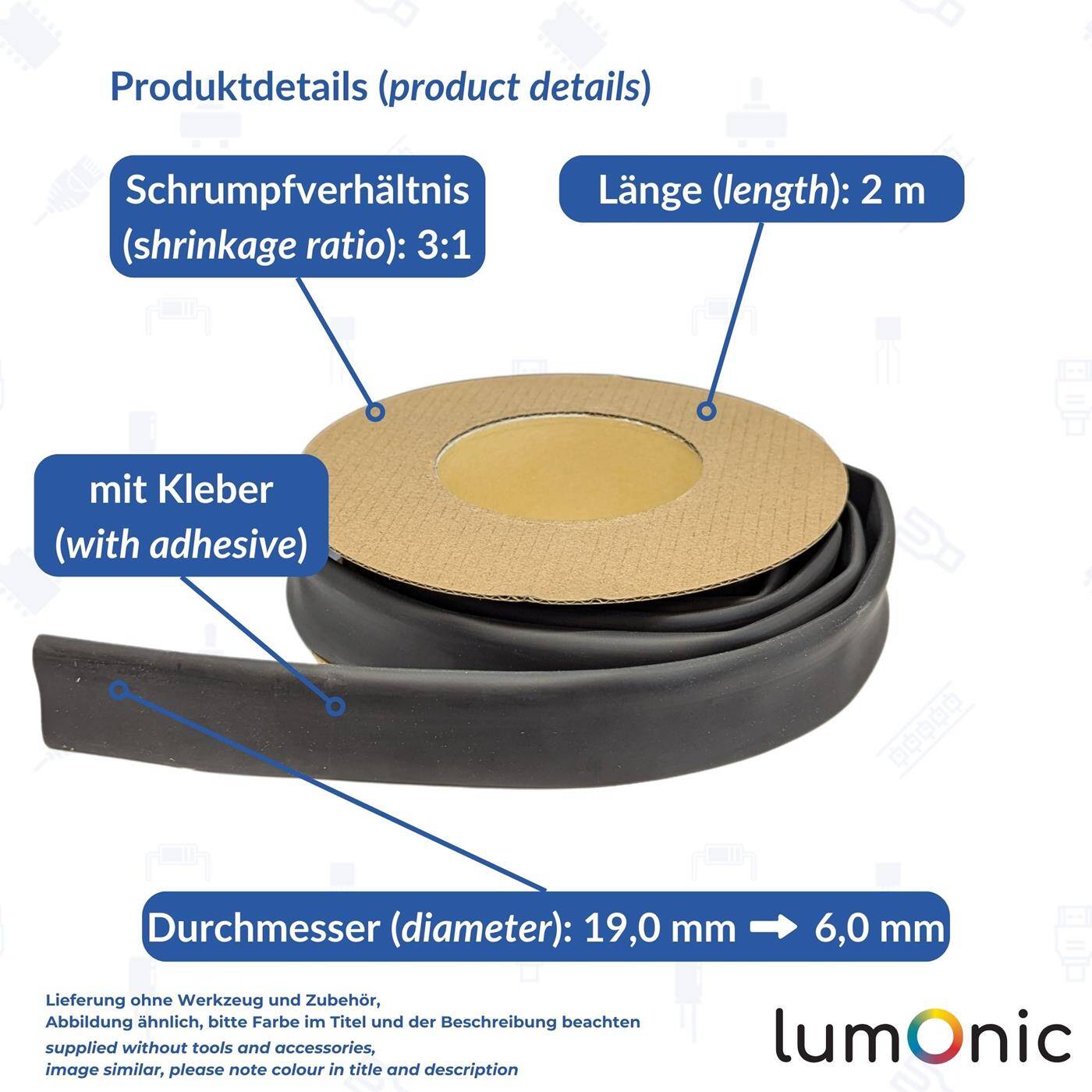 Lumonic 2m Schrumpfschlauch Box 3:1 mit Kleber Schwarz - Hier von: 19mm auf 6mm - Dickwandiger Schrumfpschlauch in verschiedenen Größen