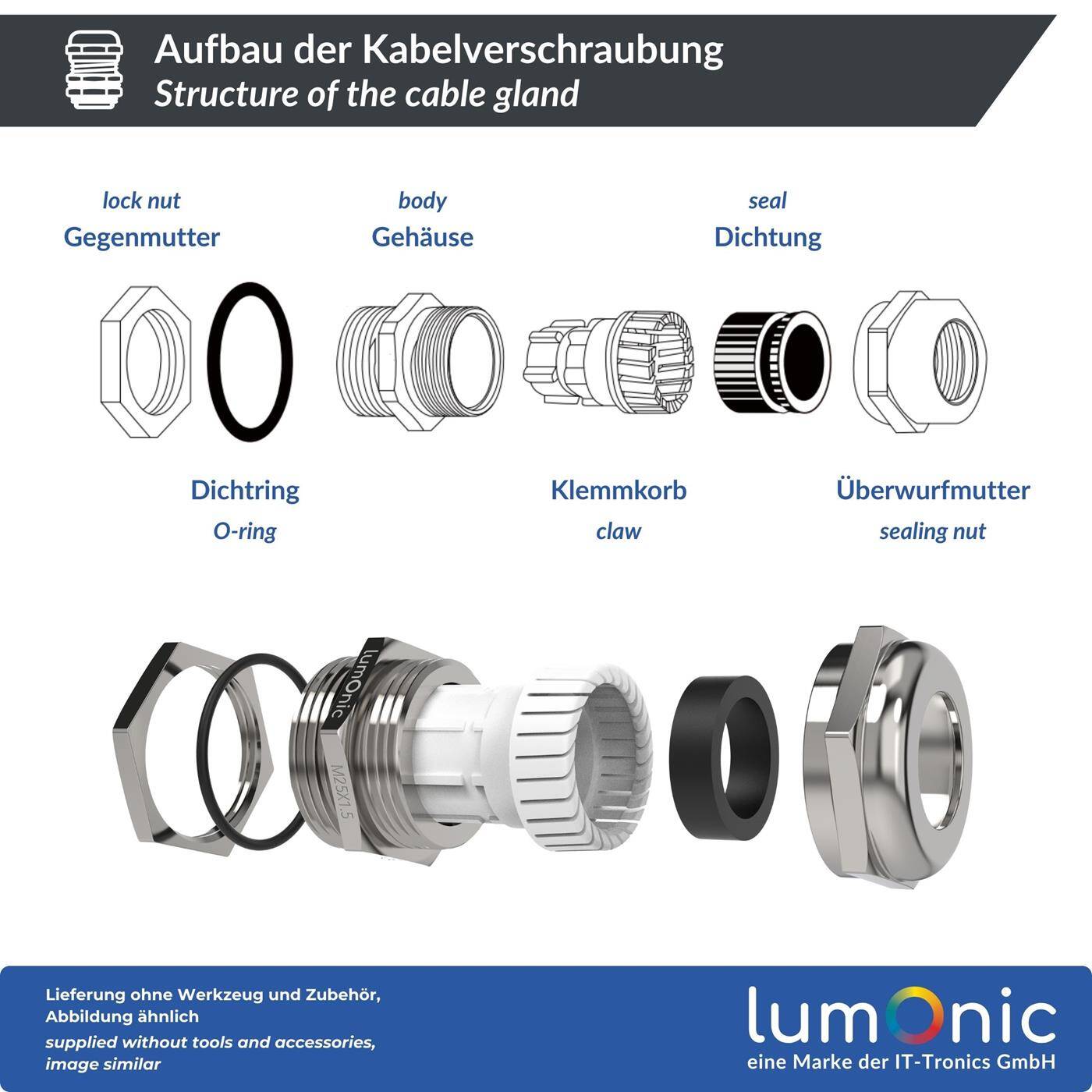 5er Set Kabelverschraubung Metall M25, Klemmbereich 10-14mm, IP68, mit Gegenmutter, Messing vernickelt, EMV, -40…+100°C, entspricht PG16