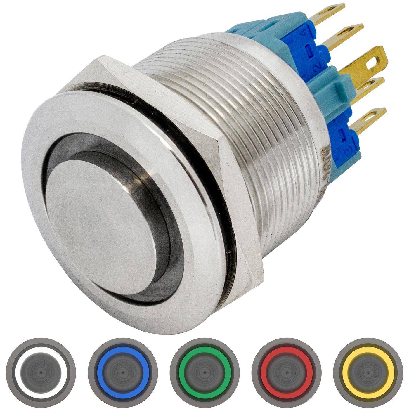 Stainless steel Pressure switch raised Ø25mm Ring LED Cold White IP65 2,8x0,5mm Pins 250V 3A Vandal-proof