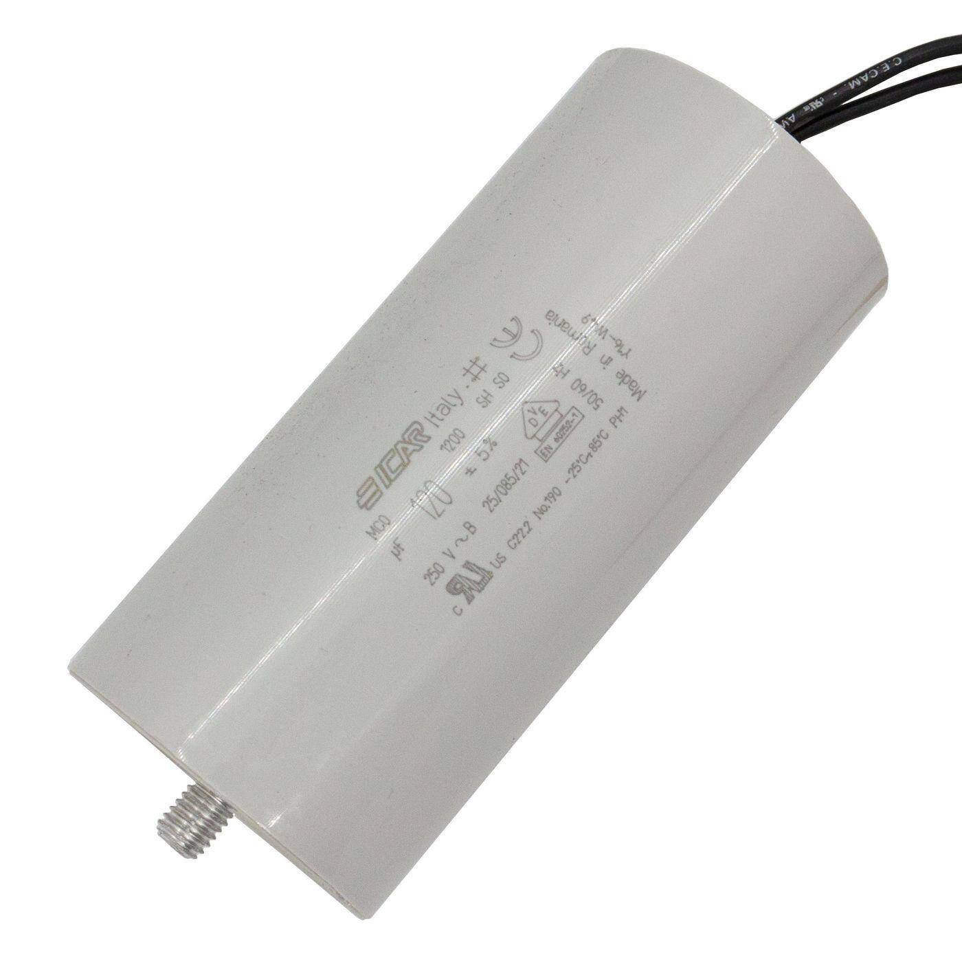 Anlaufkondensator Motorkondensator 120µF 250V 55x119mm Kabel 24cm ICAR 120uF