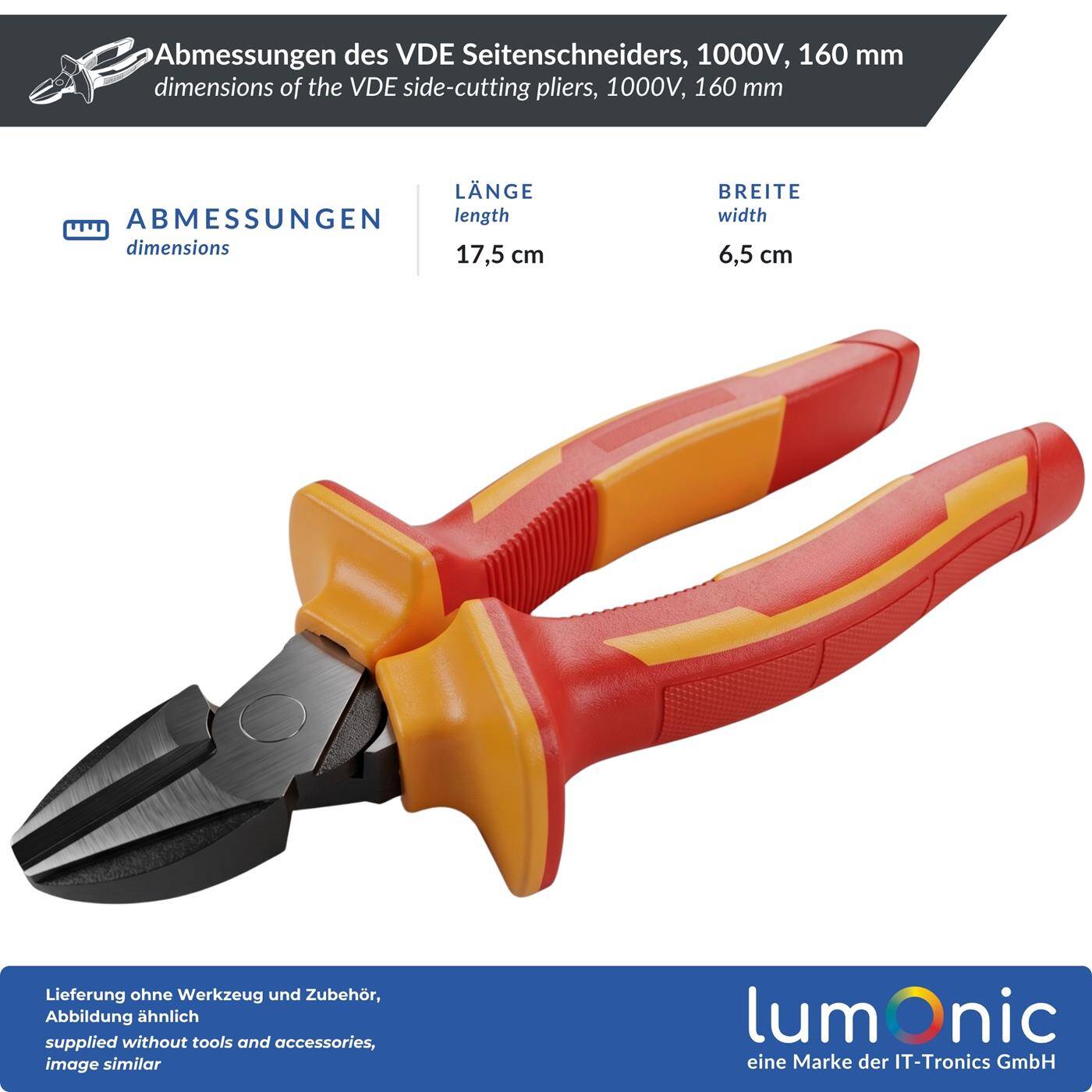 Lumonic VDE Side Cutters 1000V Heavy-Duty, 160 mm - For soft, medium-hard, and hard wire, 60CrV steel, two-component handle, for electrical installations