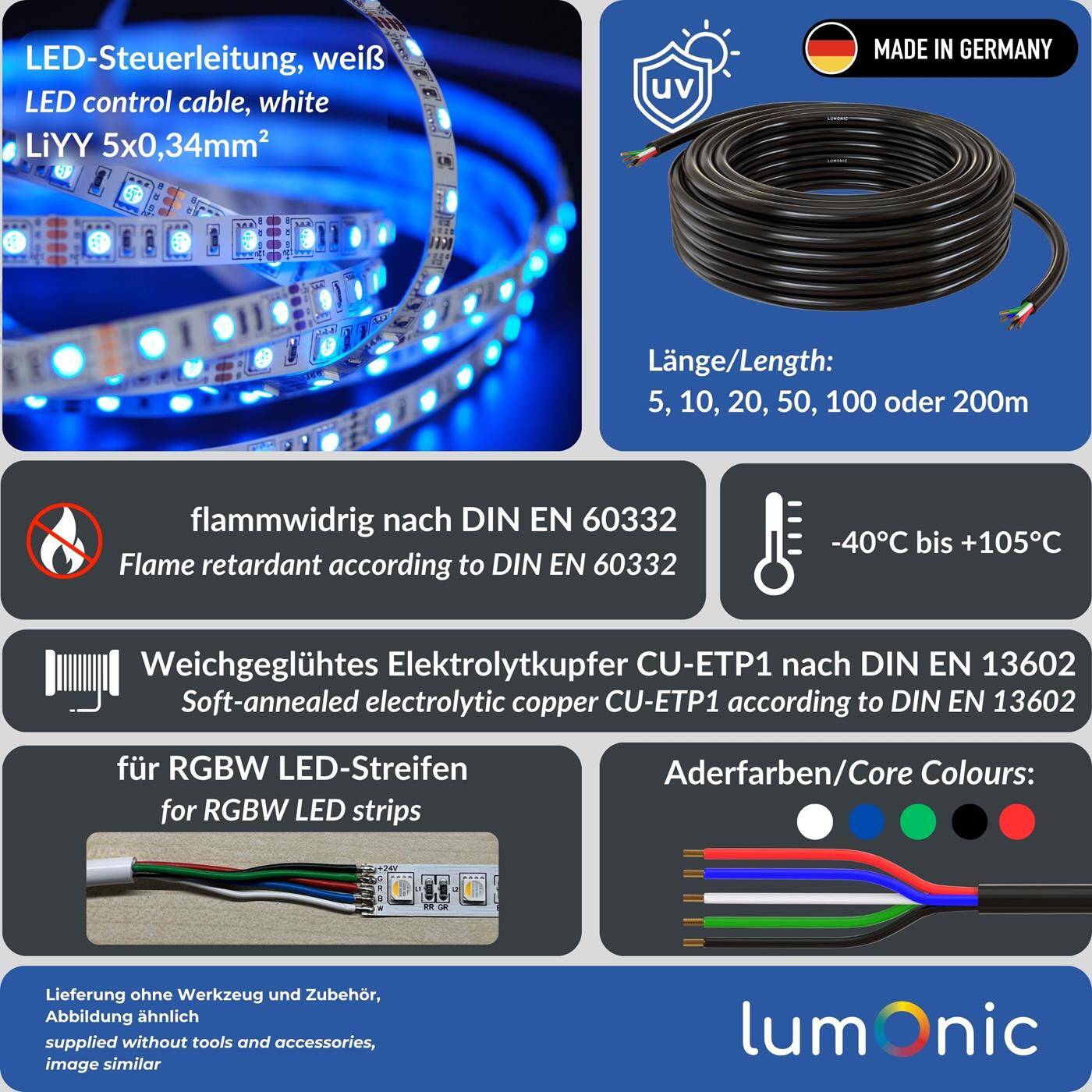 1m RGBW LED Steuerleitung 5x 0,34mm² LiYY Verlängerung 5 adrig Stromkabel Schwarz UV beständig