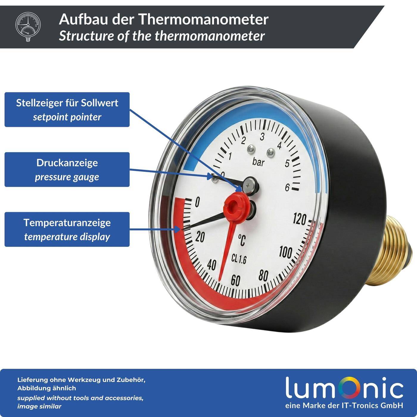 Lumonic Thermomanometer 6bar 0-120°C | 1/4 + 1/2 inch (adapter) | Rear connection | Ø 63mm, large scale | Heating pressure gauge | Metal housing