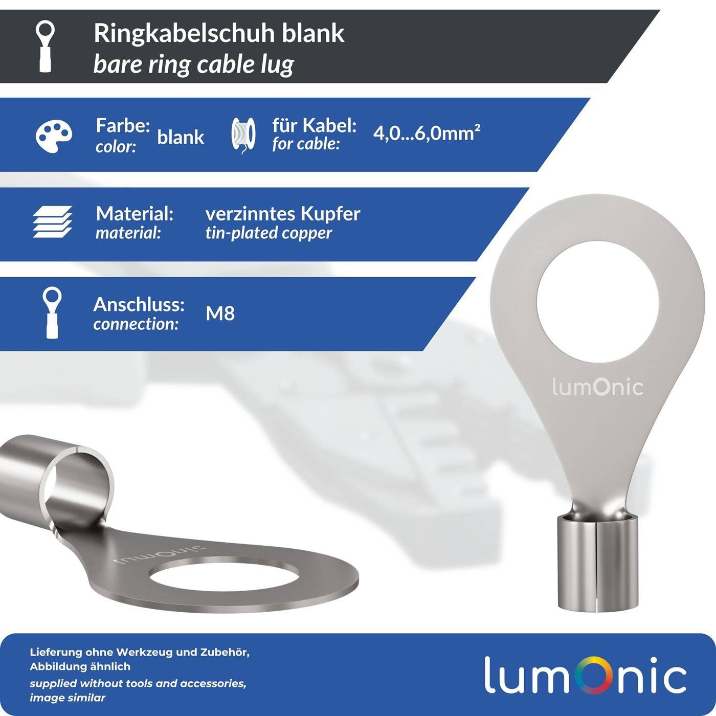 Lumonic 25x Ring cable lug 4,0-6,0mm² blank | M8 | Tinned copper | Secure cable connection without soldering | Crimp cable lug uninsulated | Motor vehicle, mechanical engineering, motorhome, battery