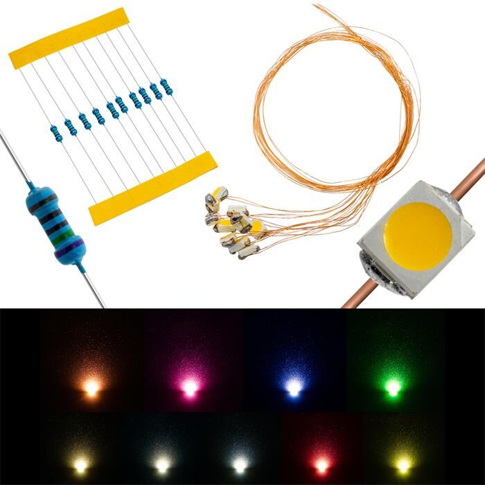 10x Superhelle LEDs SMD 3528 Warm Weiß mit Kupferlackdraht 20cm + 12V Vorwiderstand