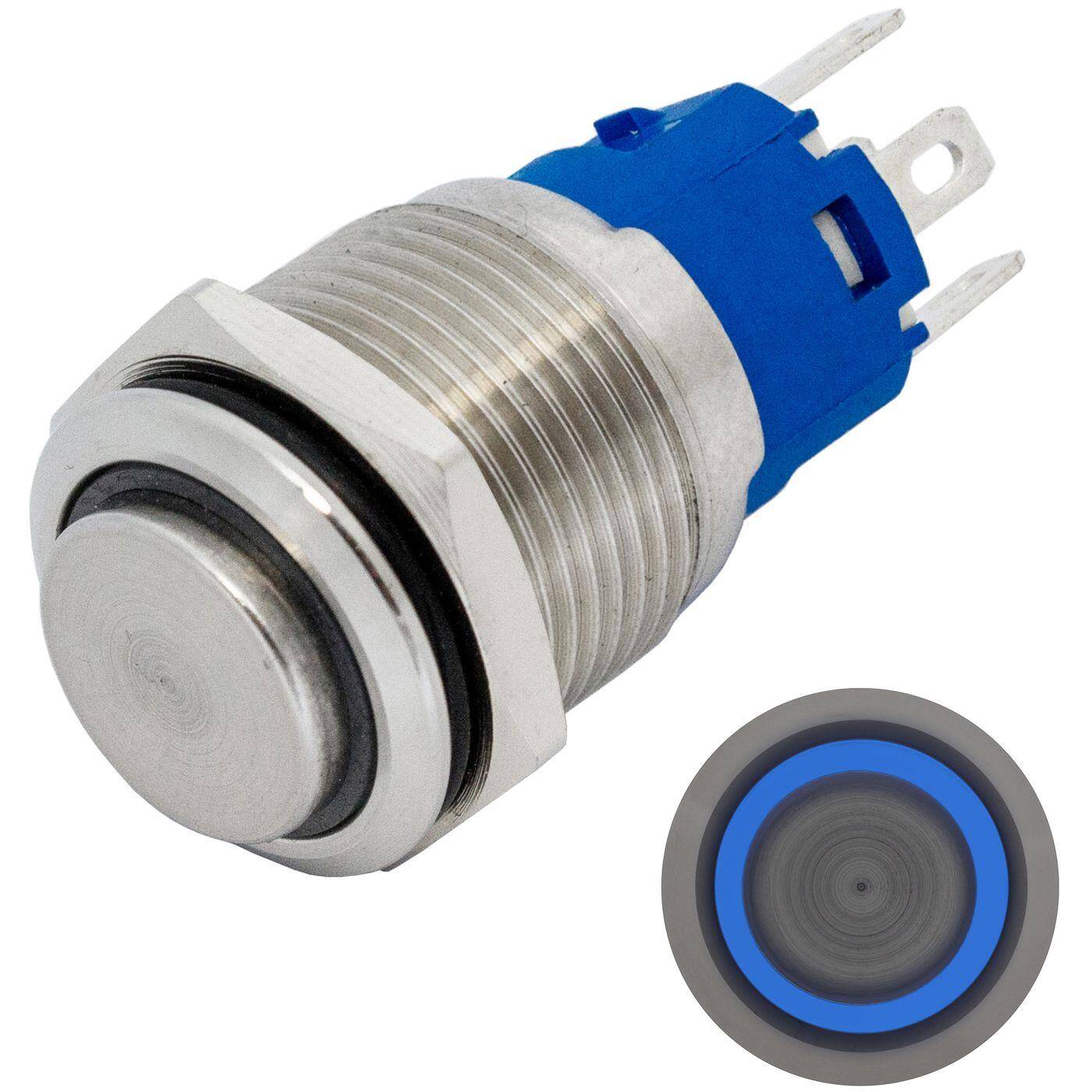 Lumonic Edelstahl Druckschalter erhaben 16mm Durchmesser I Mit einer Ring LED in Blau Maße: 2,8x0,5mm Pin s 250V 3A I Vandalismussicher nach dem IP65 Standard