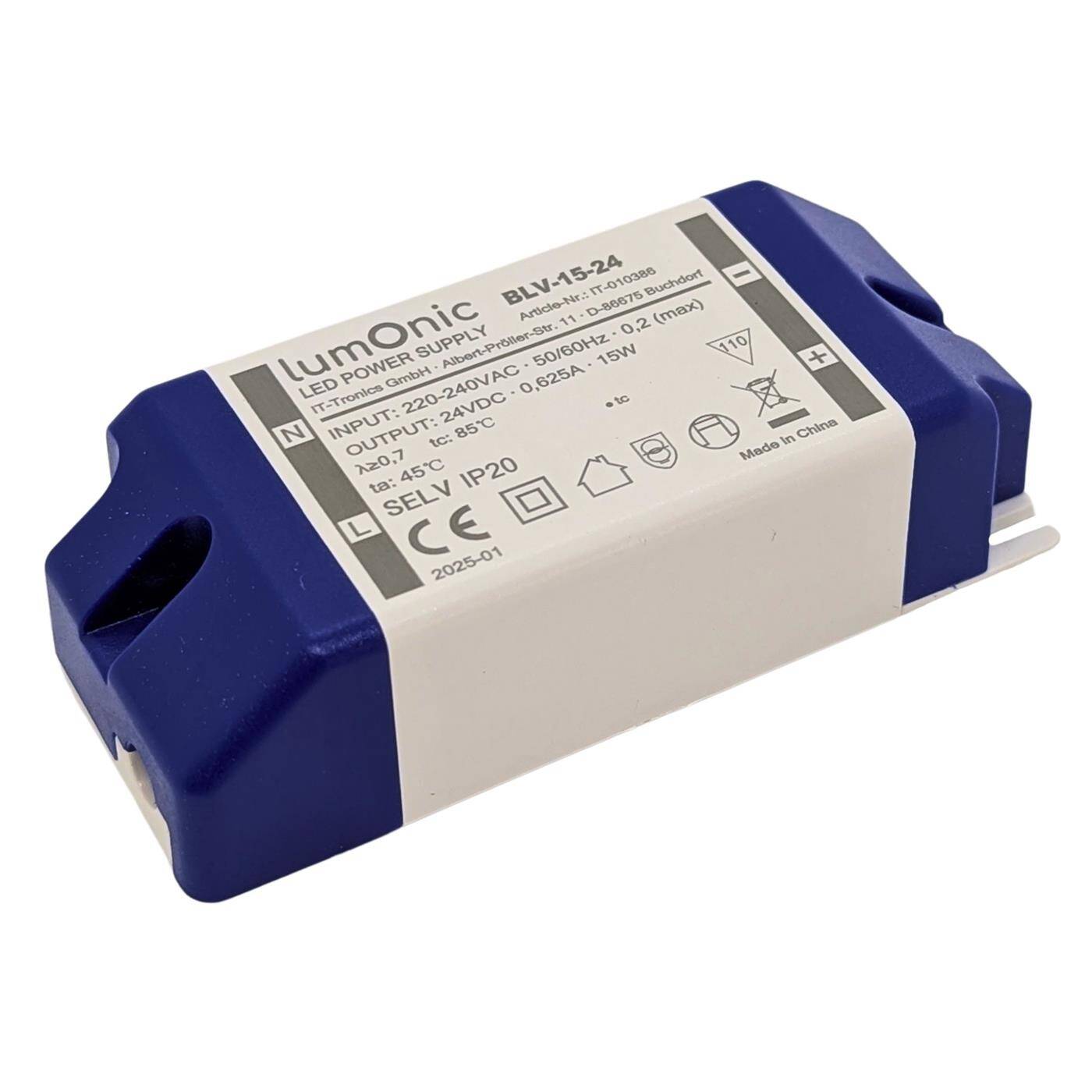 Lumonic I LED transformer BLV-15-24 I 24V 15W I Input 220-230VAC I flicker-free I Overload protection I LED power supply unit I for LED lighting