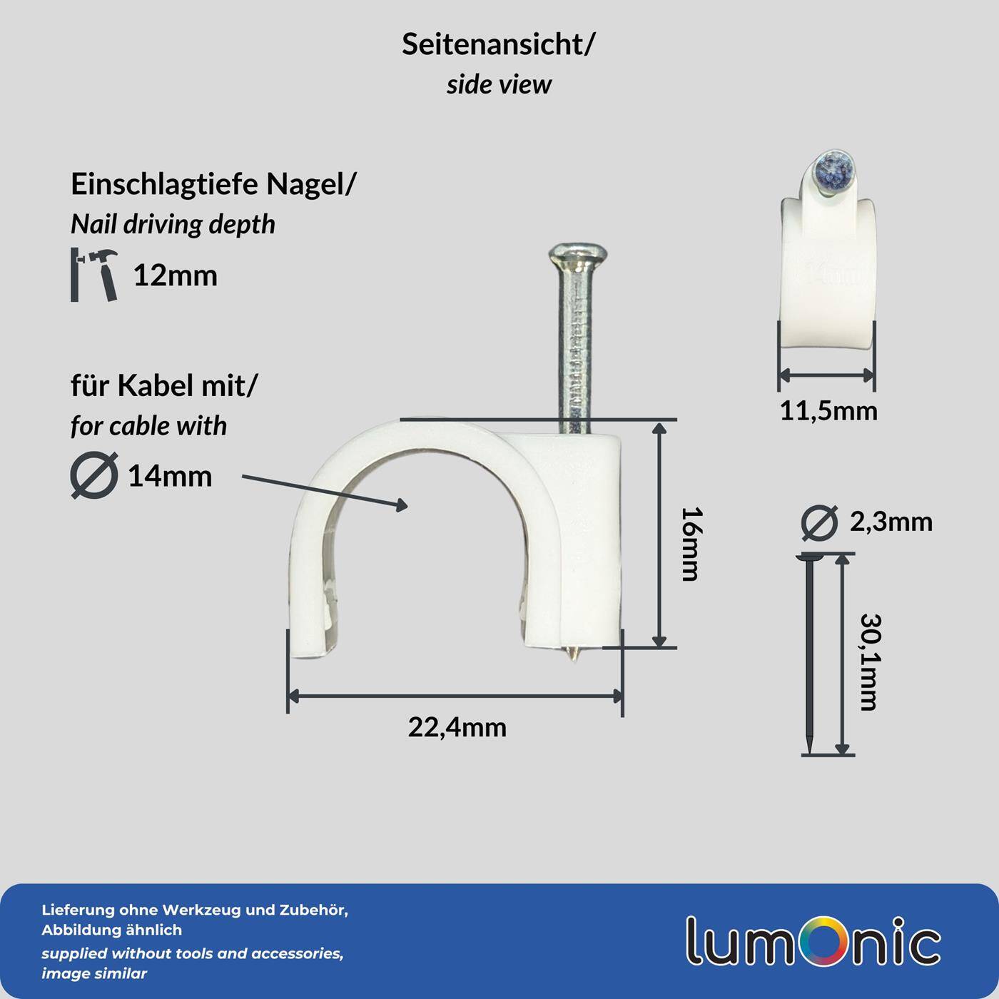 100x Nagelschelle 14mm für Kabel Weiß Kabelschelle mit Nagel Kabelklemme