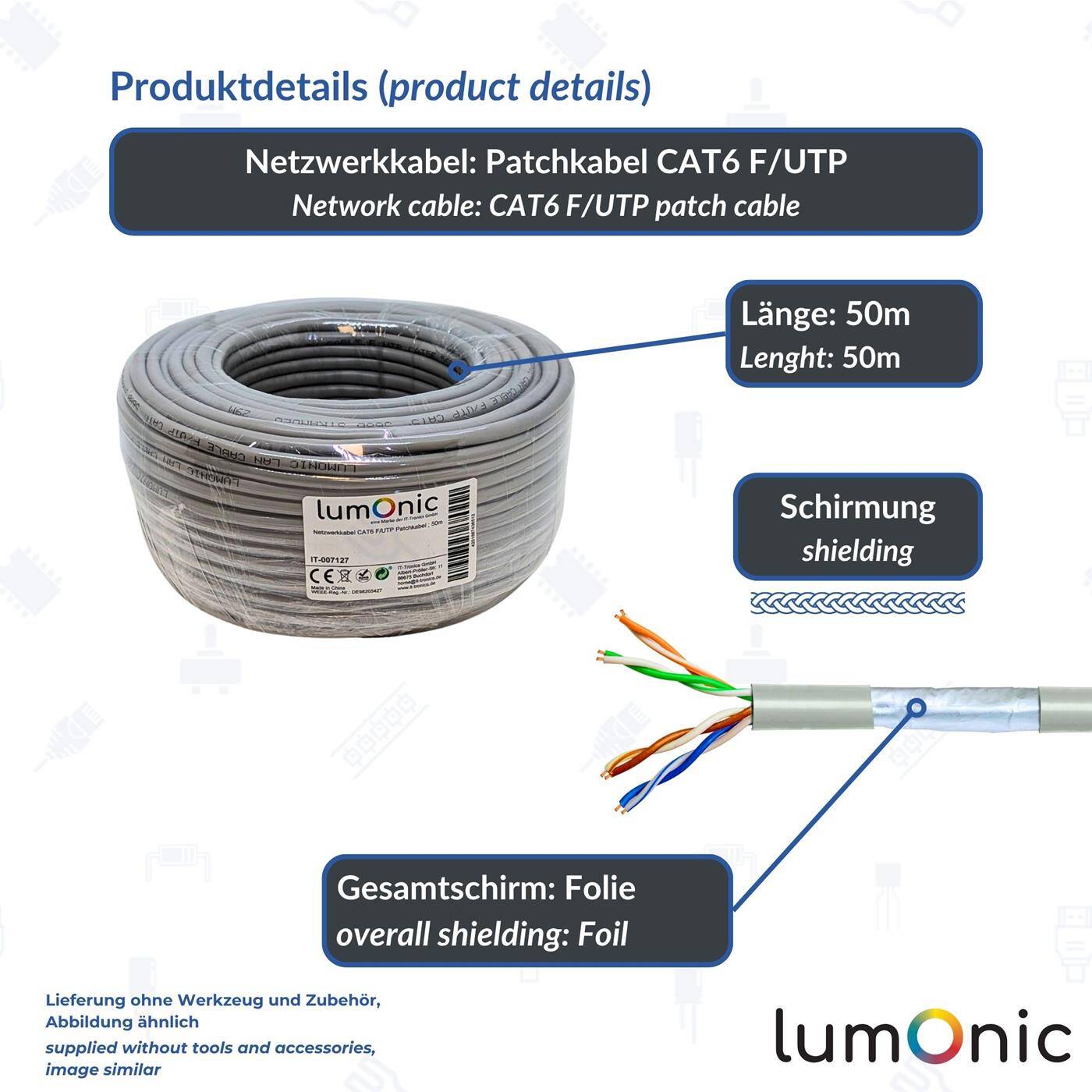 Lumonic 50m Network cable CAT 6 F/UTP I Cat6-cable, Gigabit Lan Cable, Ethernet Cable I Flexible patch cable shielded, for indoor use up to 250 MHz