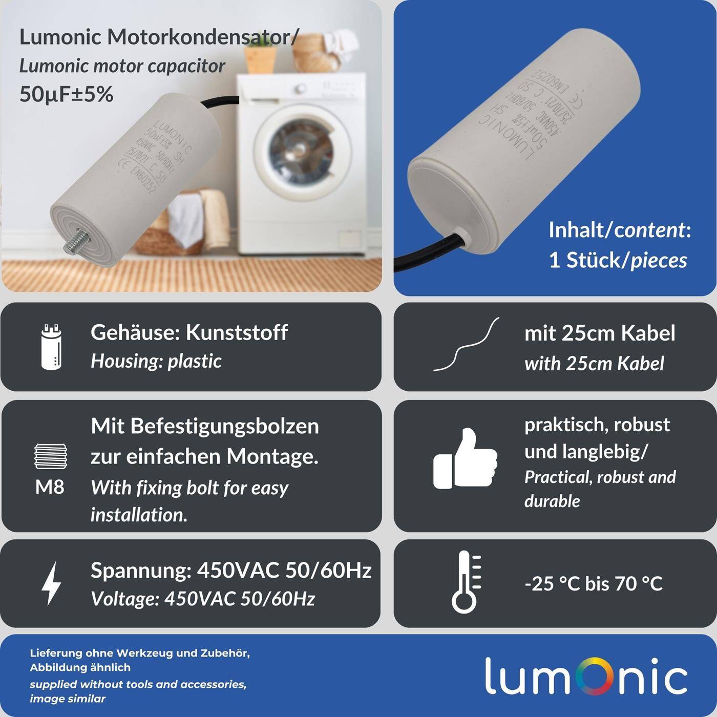 Lumonic Anlaufkondensator 50µF 450V | mit Kabel I 45x100mm I 50uF I Motorkondensator mit Kunststoffgehäuse I Betriebskondensator I für Pumpen, Rasenmäher, Werkzeuge