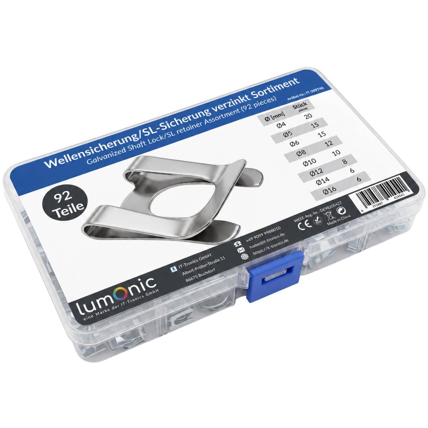 Lumonic SL Retaining Rings Assortment Box (92 pieces) for Shafts and Bolts, Ø 4–16 mm—Retaining washers for grooved shafts, galvanized spring steel, tool-free installation, for garage doors and lawn mowers