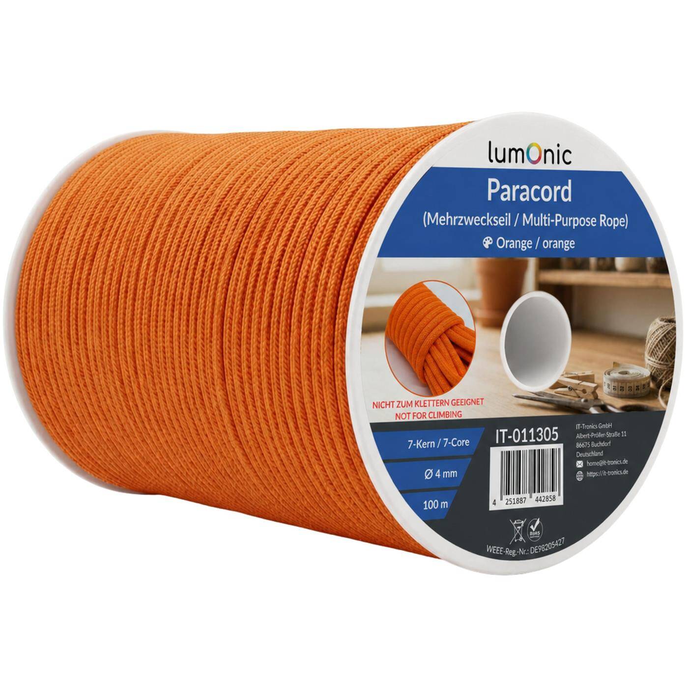 Lumonic 100m Paracord 4mm Orange | 100% nylon | 7 cores, 32 strand sheath | Max. 125 kg load capacity | dog leash, bracelet, outdoor, bushcraft, tent cord