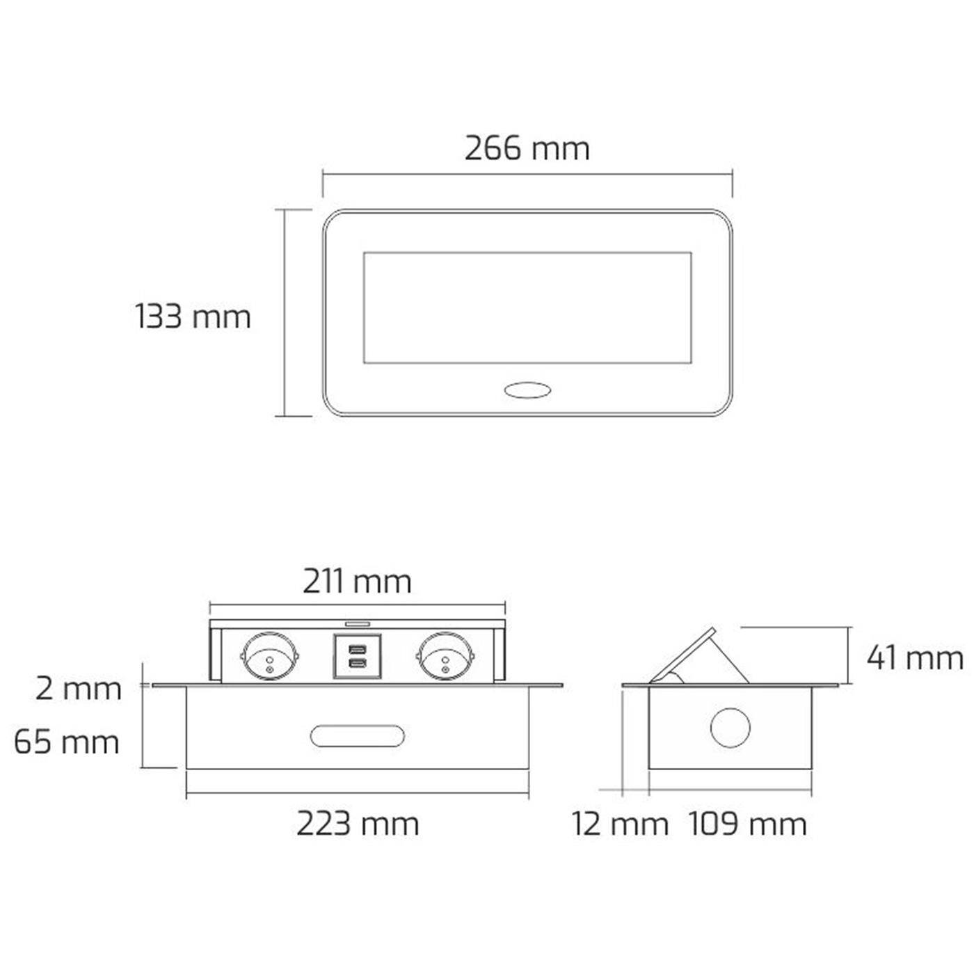 KombiBox 2x Protective contact Socket outlet + 2x USB 2,4A Table socket outlet Hinged cover Aluminium