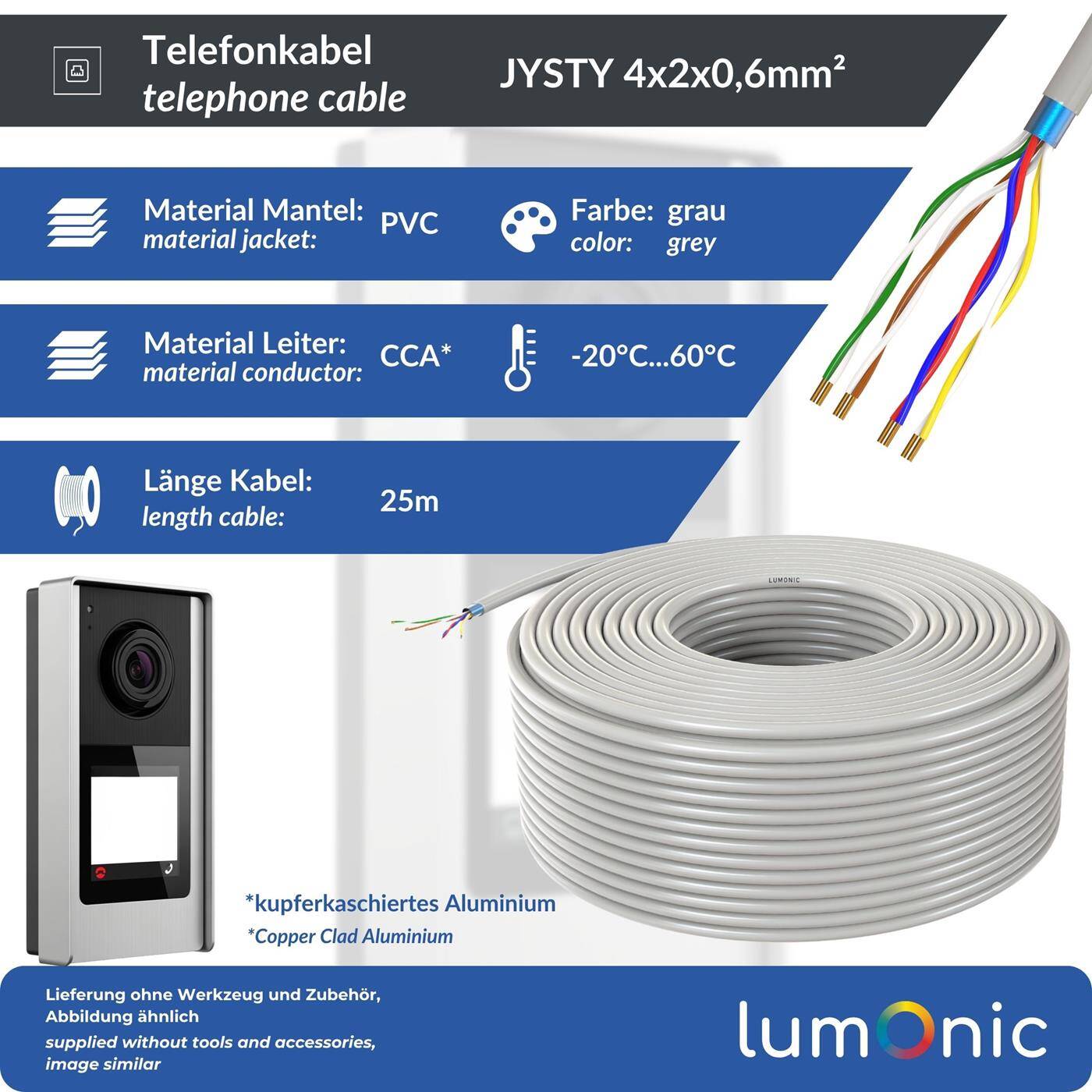 Lumonic Telefonkabel JYSTY grau | 4x2x0,6mm CCA | 25m | farbcodiert & geschirmt | Metermarkierung | Fernmeldekabel, Telefonanschlusskabel