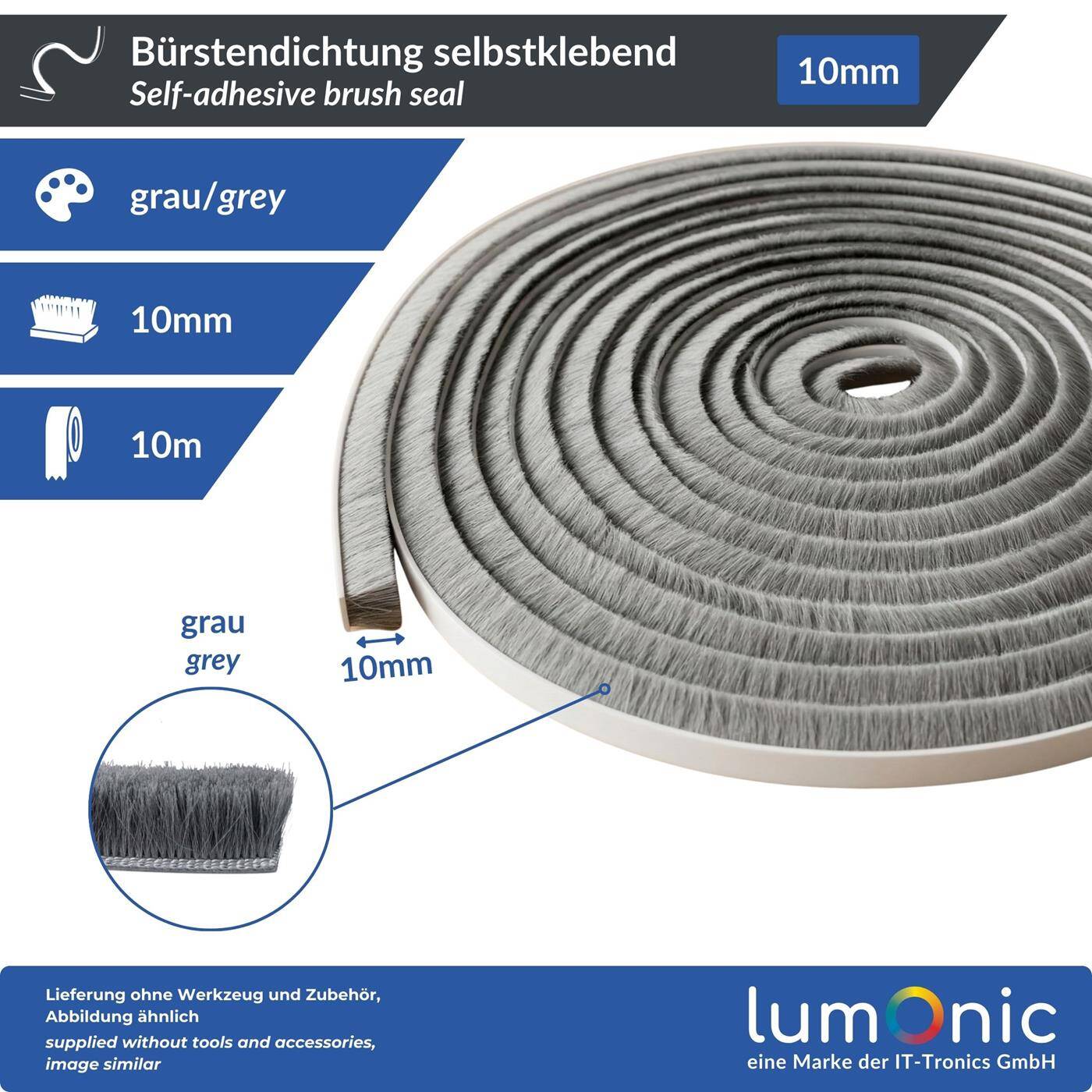 10m Brush seal gray 10mm Self-adhesive + Can be cut to size Draught excluder Cold protection Insect screen for windows Doors Cupboard