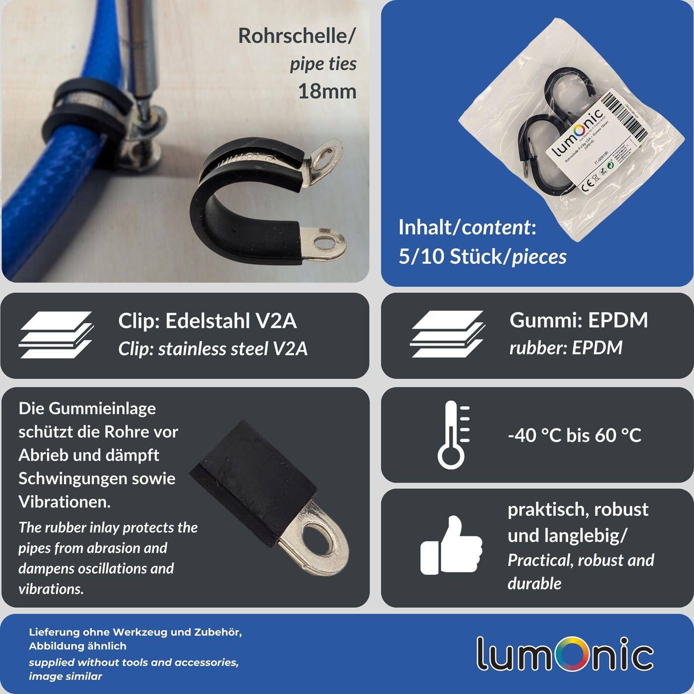 Lumonic 10x 18mm Rohrschellen mit Gummieinlage Edelstahl V2A I Kabelschellen zum Schrauben I Schlauchschelle 18mm, Rohrschellen, Befestigungsschelle 18mm, Rohrhalterung