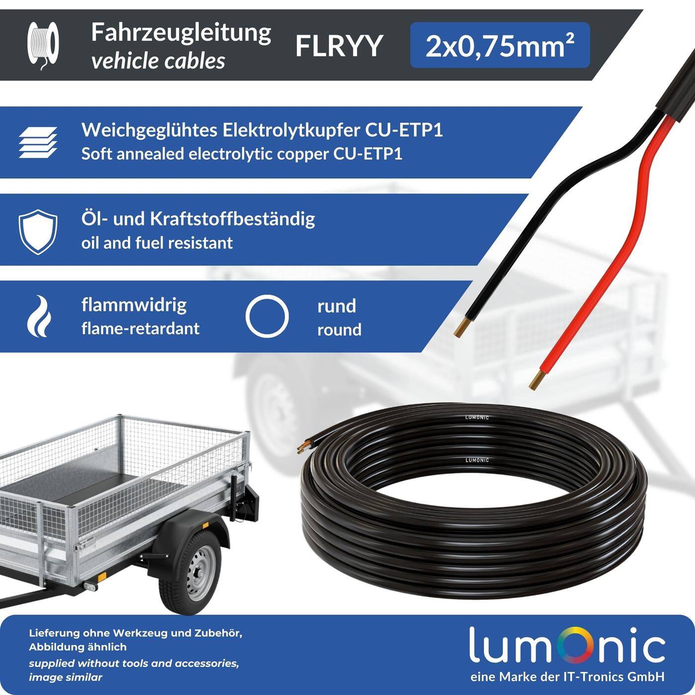 1m FLRYY Fahrzeugleitung 2x0,75mm² rund Kabel KFZ Anhängerkabel Niedervolt