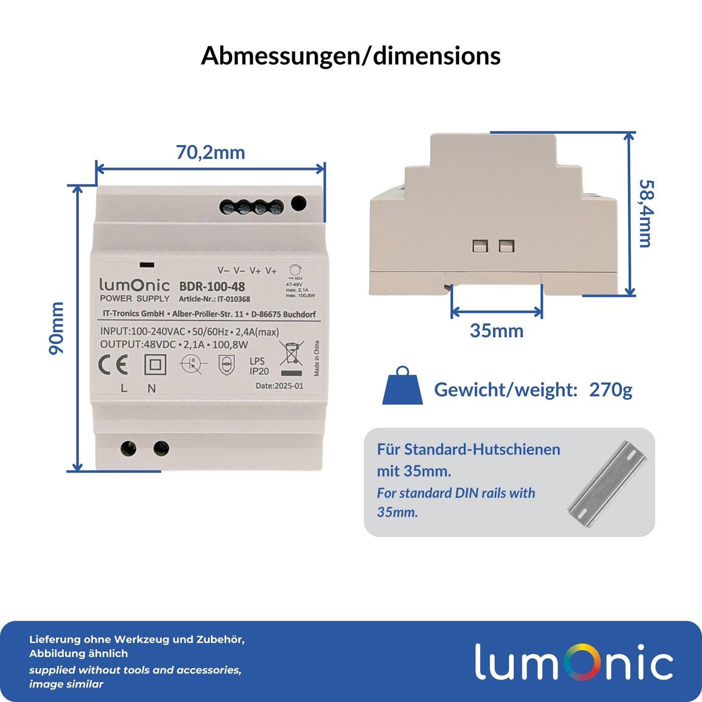 Lumonic I Netzteil Hutschiene BDR-100-48 I 48V / 100,8W I Input 100-240VAC I Überlastschutz & kurzschlussfest I DIN-Rail Schaltnetzteil I Schaltschrank & Verteilerkasten
