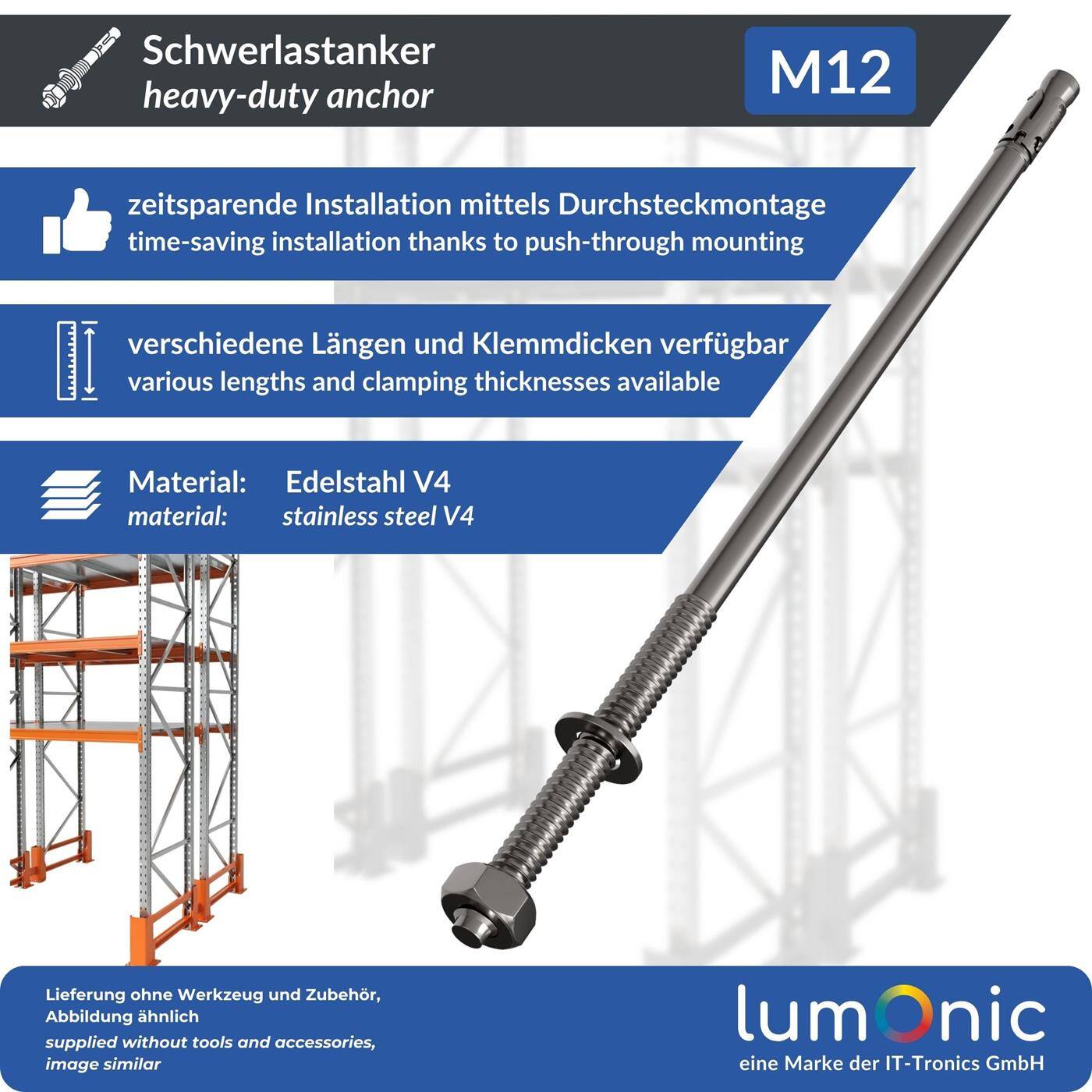 Lumonic Schwerlastdübel M12 x 285mm | hochwertige Edelstahl V2A Keilanker | Durchsteckmontage,  | Betonanker, Schwerlastanker | für Überdachungen, Geländer, Regale, Trennwände