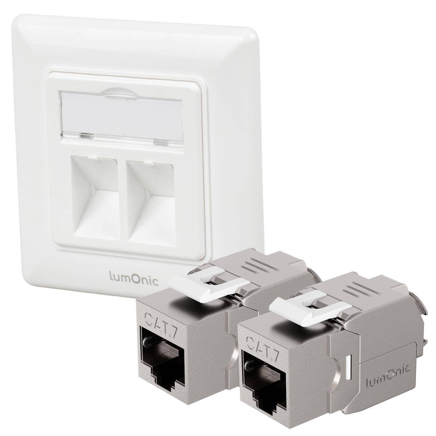 Keystone flush-mounted frame including 2x CAT7 module, 2-port snap-in I tool-free assembly, Standard 55 system, Ethernet socket up to 10 Gbit for AWG22-24, RJ45 fully shielded,