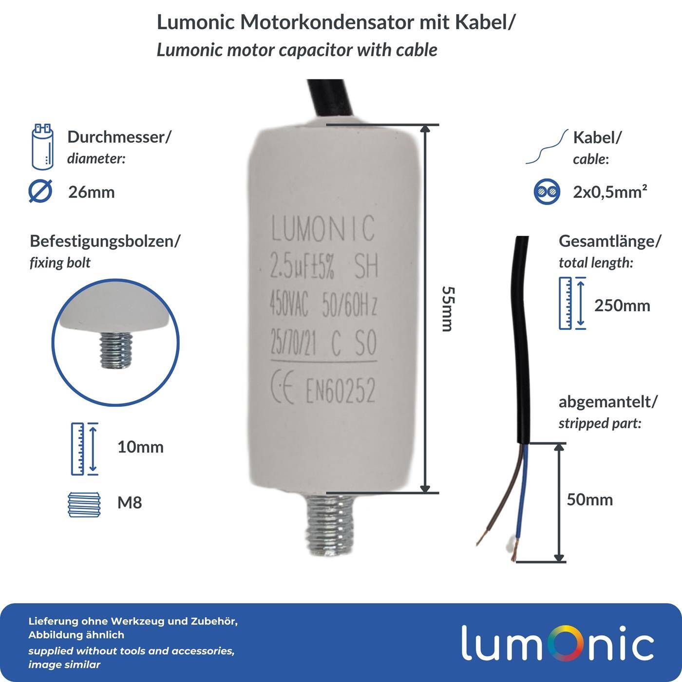 Lumonic Anlaufkondensator 2,5µF 450V | mit Kabel I 26x55mm I 2,5uF I Motorkondensator mit Kunststoffgehäuse I Betriebskondensator I für Pumpen, Rasenmäher, Werkzeuge